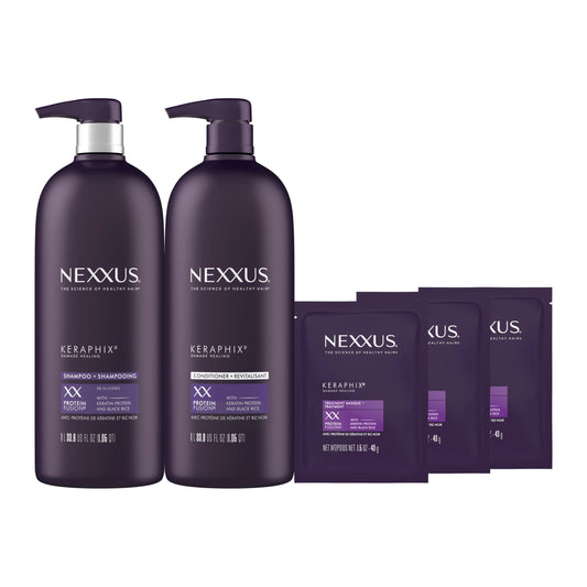 White Smoke Nexxus Keraphix Shampoo and Conditioner - Damaged Hair Treatment System with Keratin Protein and Black Rice, 2 Count & 3 Repair Masks Treatment, 33.8 oz, 1.5 oz, 3 Count, 5 Count ( Pack of 1)