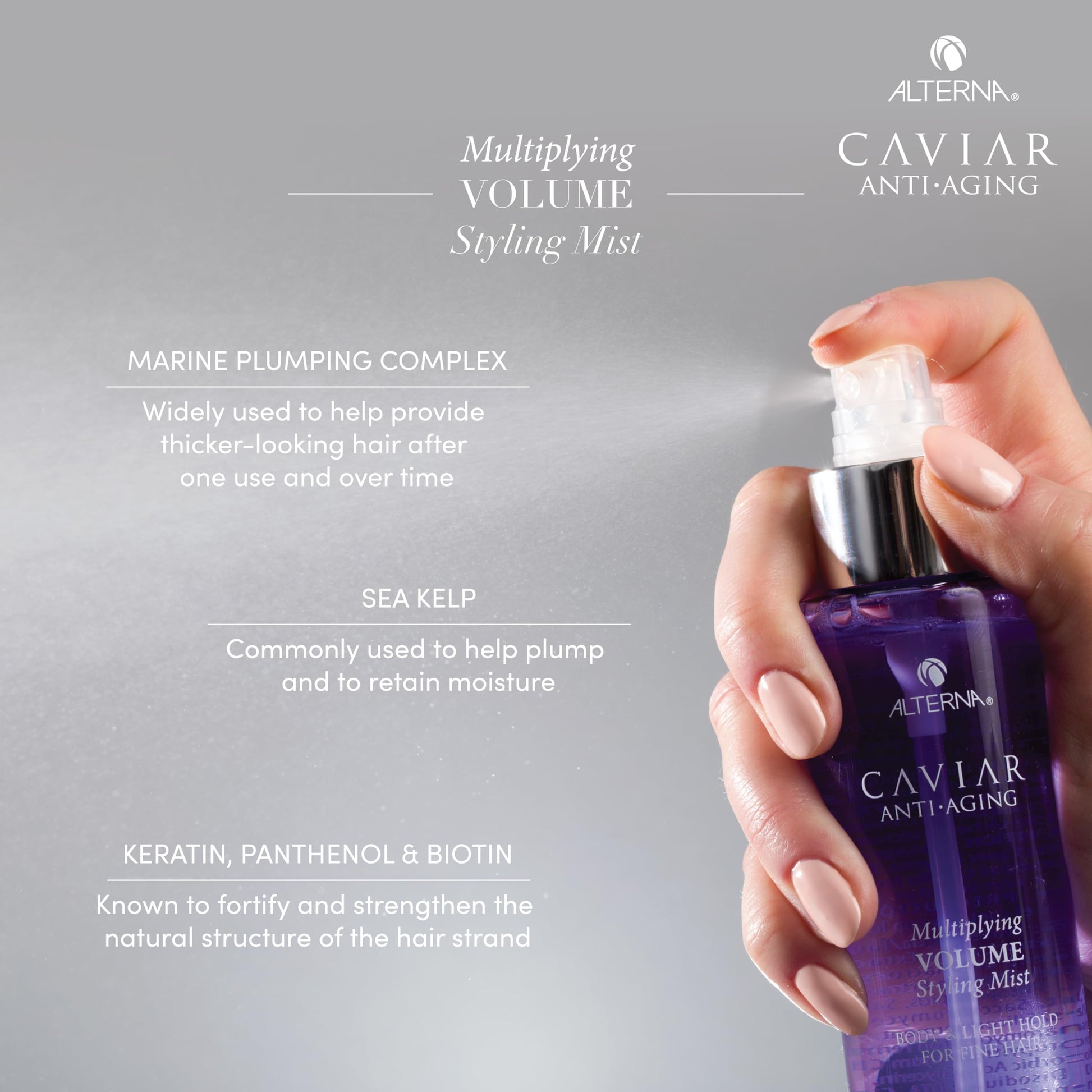 Dark Gray Alterna Haircare CAVIAR Anti-Aging Multiplying Volume Styling Mist, 5 Fl Oz | For Fine, Thin Hair | Light Hold | Create Instant Volume and Thickness | Sulfate Free
