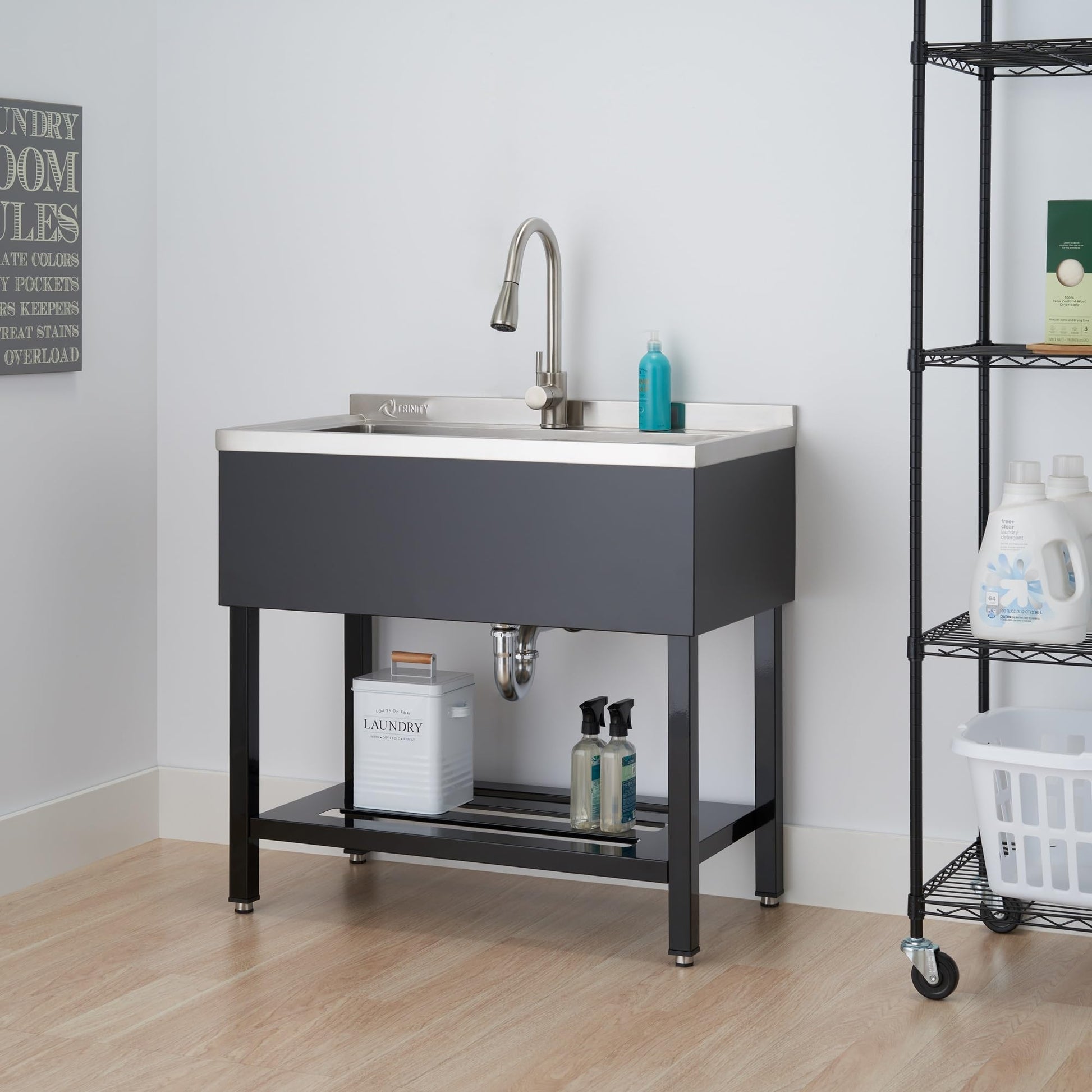 Light Gray TRINITY 36-Inch Freestanding Stainless Steel Utility Sink, NSF Commercial Sink for Laundry Room, Restaurant Kitchen Prep, Garage, Shop, Food Truck, Dog Wash, With Hot/Cold Pull-Out Faucet, Black