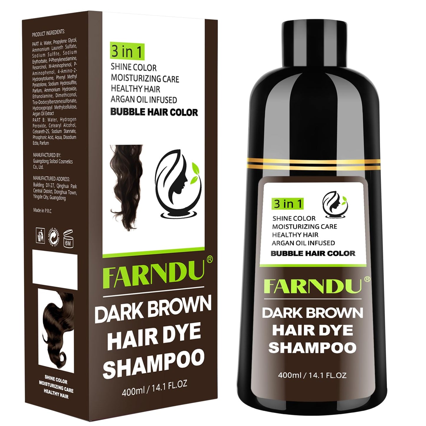 White Smoke Farndu Dark Brown Hair Dye Shampoo for Women Men, 3 in 1 Hair Color Shampoo Dye for Grey Hair Coverage Champu Para Canas Mujer