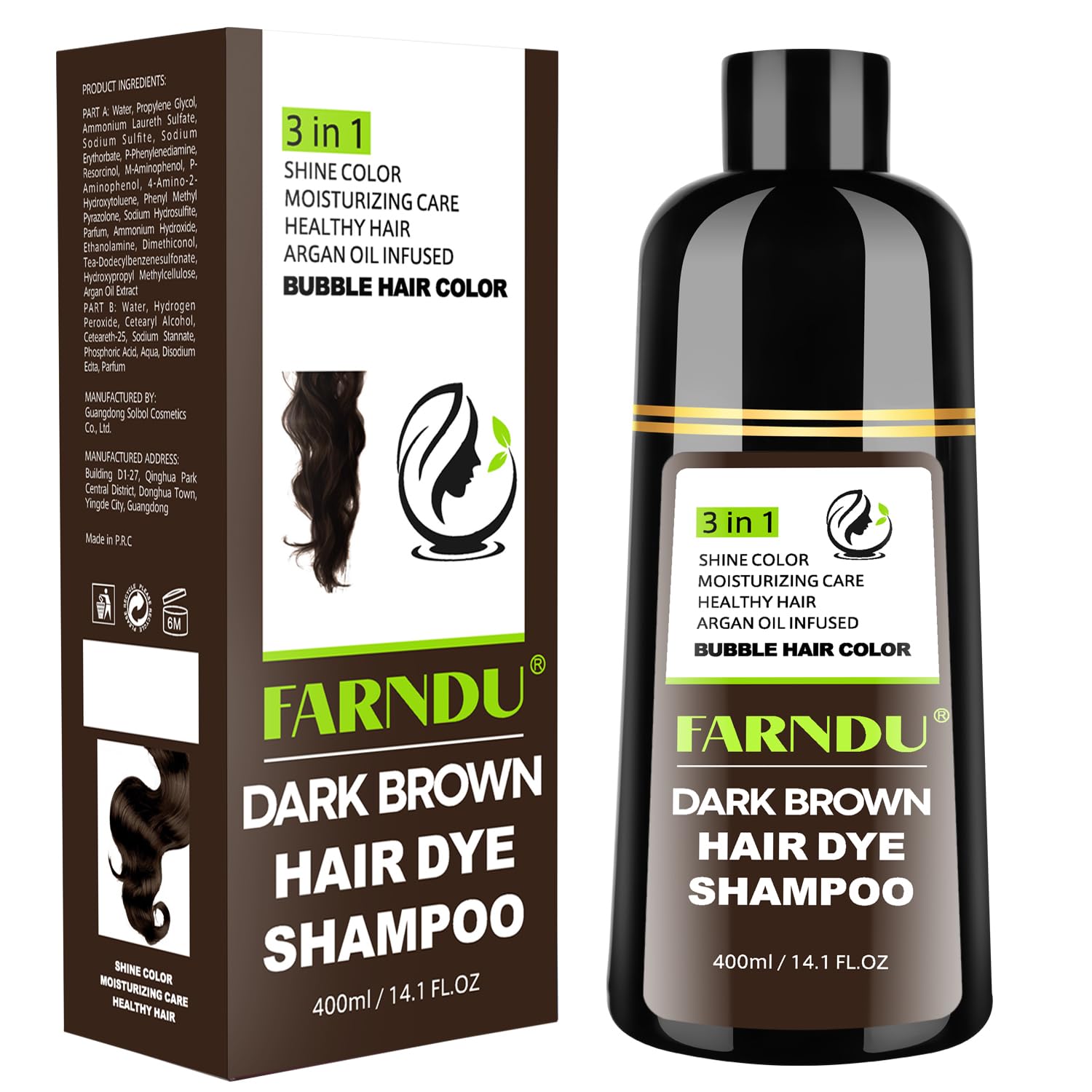 White Smoke Farndu Dark Brown Hair Dye Shampoo for Women Men, 3 in 1 Hair Color Shampoo Dye for Grey Hair Coverage Champu Para Canas Mujer