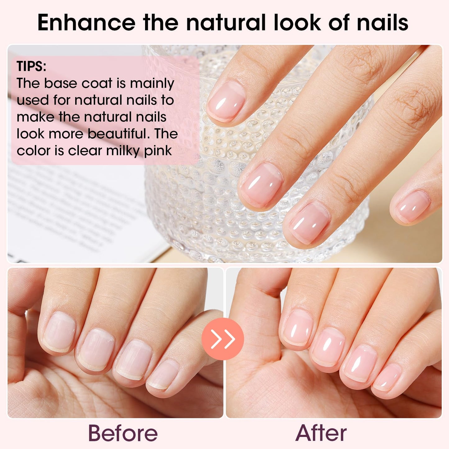 Wheat GELLEN 4‑in‑1 Clear Nail Polish Base Coat Sheer Tinted Milky Pink, Ridge Filler, Nail Strengthener & Concealer, Calcium Formula Strengthens Nails, Enhances Natural Look, No HEMA, Anti-yellowing