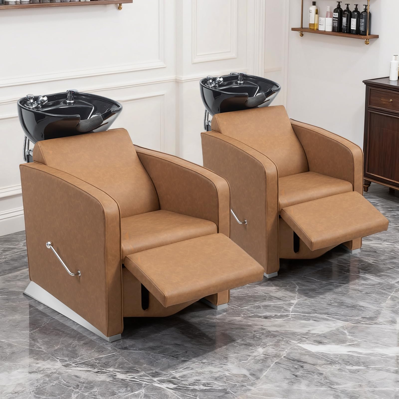 Lavender OmySalon Backwash Shampoo Unit for Salon, Hair Washing Station with Ceramic Bowl Adjustable Footrest, Reclining Shampoo Chair for Beauty Spa Barbershop