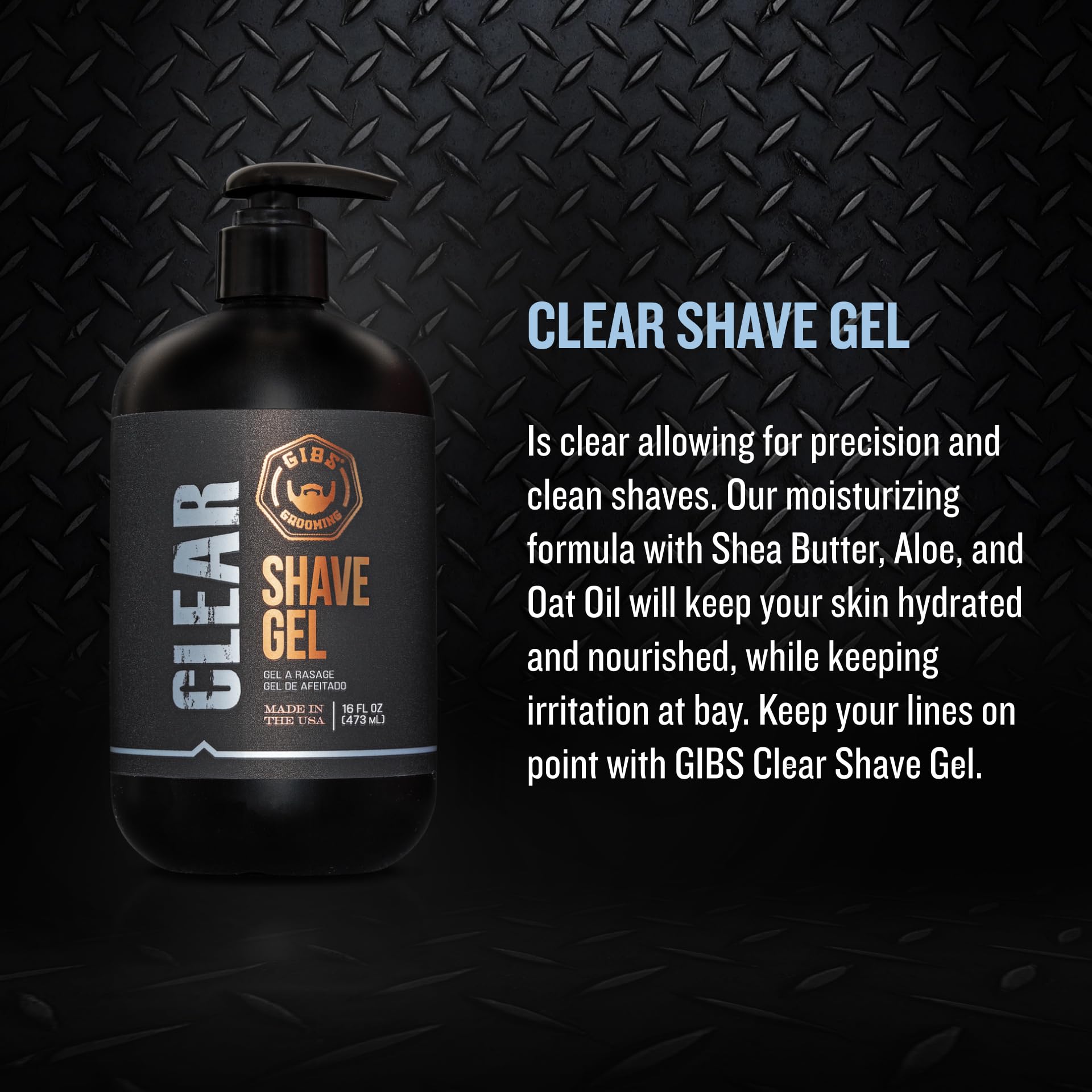 Black GIBS Grooming Clear Shave Gel, 16oz with pump, Moisturizing shave gel with Shea Butter, Aloe and Oat oil.