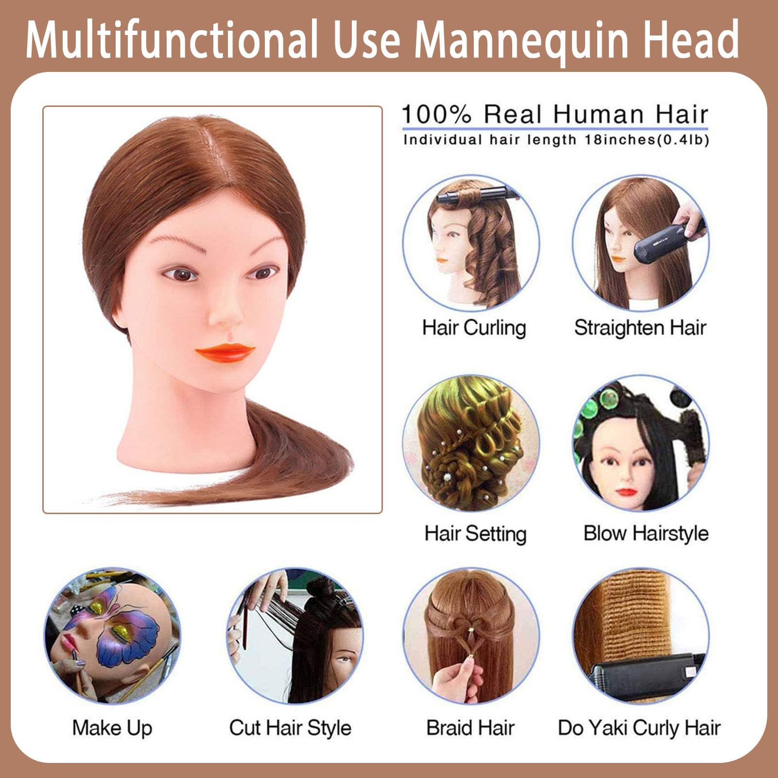 White Smoke Mannequin Head with 100% Human Hair, TopDirect Real Hair Cosmetology Mannequin Head Hair Styling Hairdressing Practice Training Doll Head with Clamp Holder and Tools (Dark Brown)
