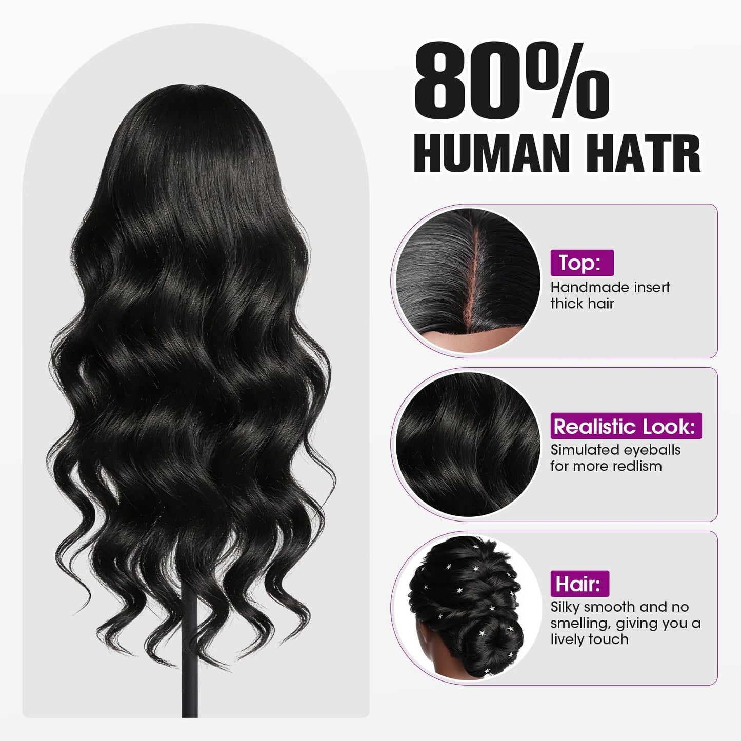 Lavender Mannequin Head Human Hair, 26" Cosmetology Mannequin Head with 80% Human Hair, Doll Head for Hair Styling with Clamp Holder and Tools (Black)