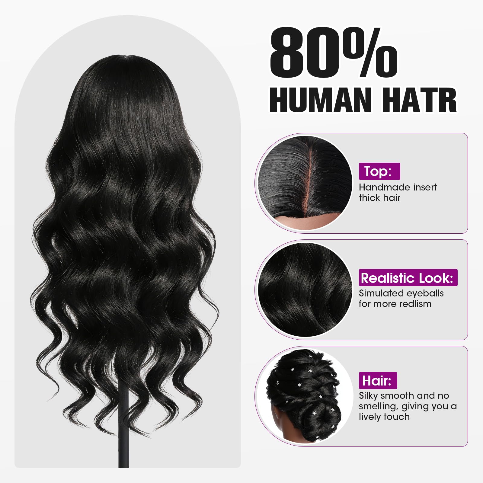 Lavender Mannequin Head Human Hair, 26" Cosmetology Mannequin Head with 80% Human Hair, Doll Head for Hair Styling with Clamp Holder and Tools (Black)