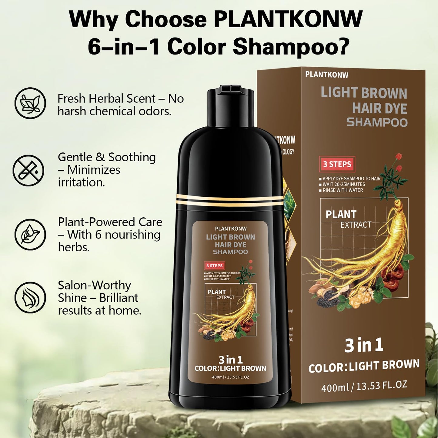 Seashell Plantkonw Light Brown Hair Dye Shampoo, 3 In 1 Semi Permanent Hair Color Shampoo for Gray Coverage, Natural Hair Dye for Women & Men, Ammonia & Paraben Free