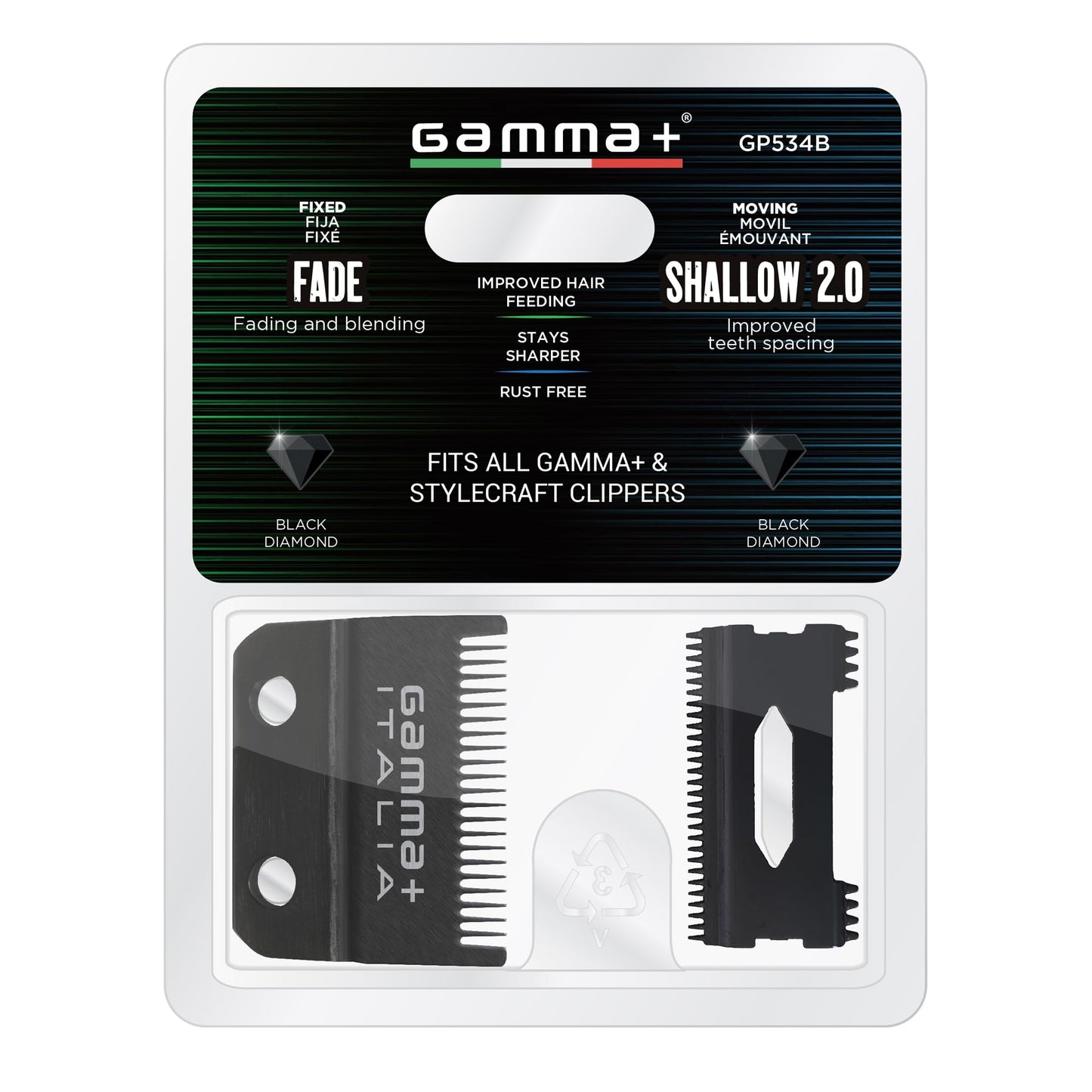 Black GAMMA+ Replacement Fixed Black Diamond Carbon DLC Fade Hair Clipper Blade with Shallow Tooth 2.0 Cutter Set