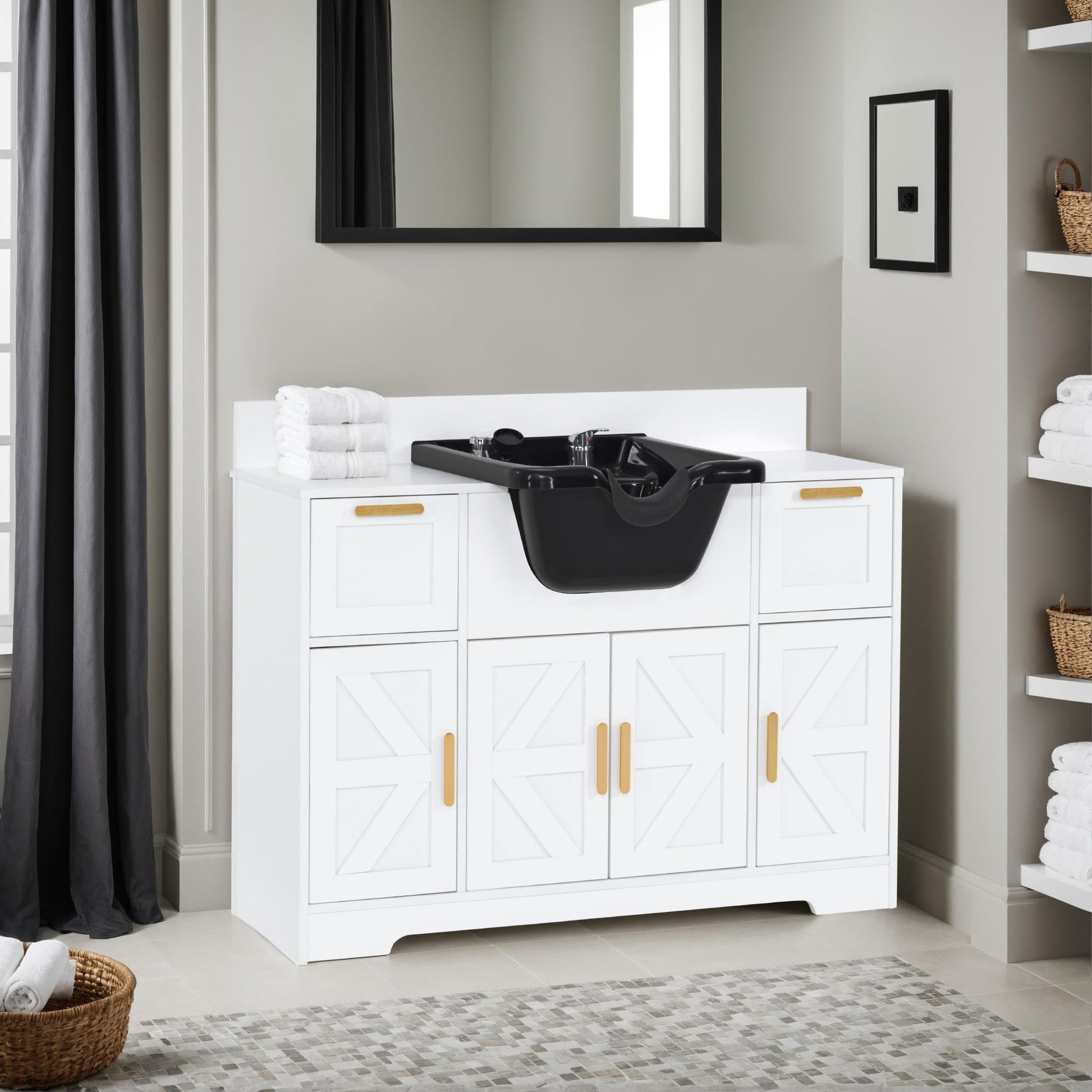 Lavender BarberPub Portable Shampoo Station, Shampoo Bowl with Cabinet & Drawer, Salon Geometric Finish Station with Sprayer Faucet, Barber Storage Equipment with Hair Wash Backwash Sink 3439 (White & Black)