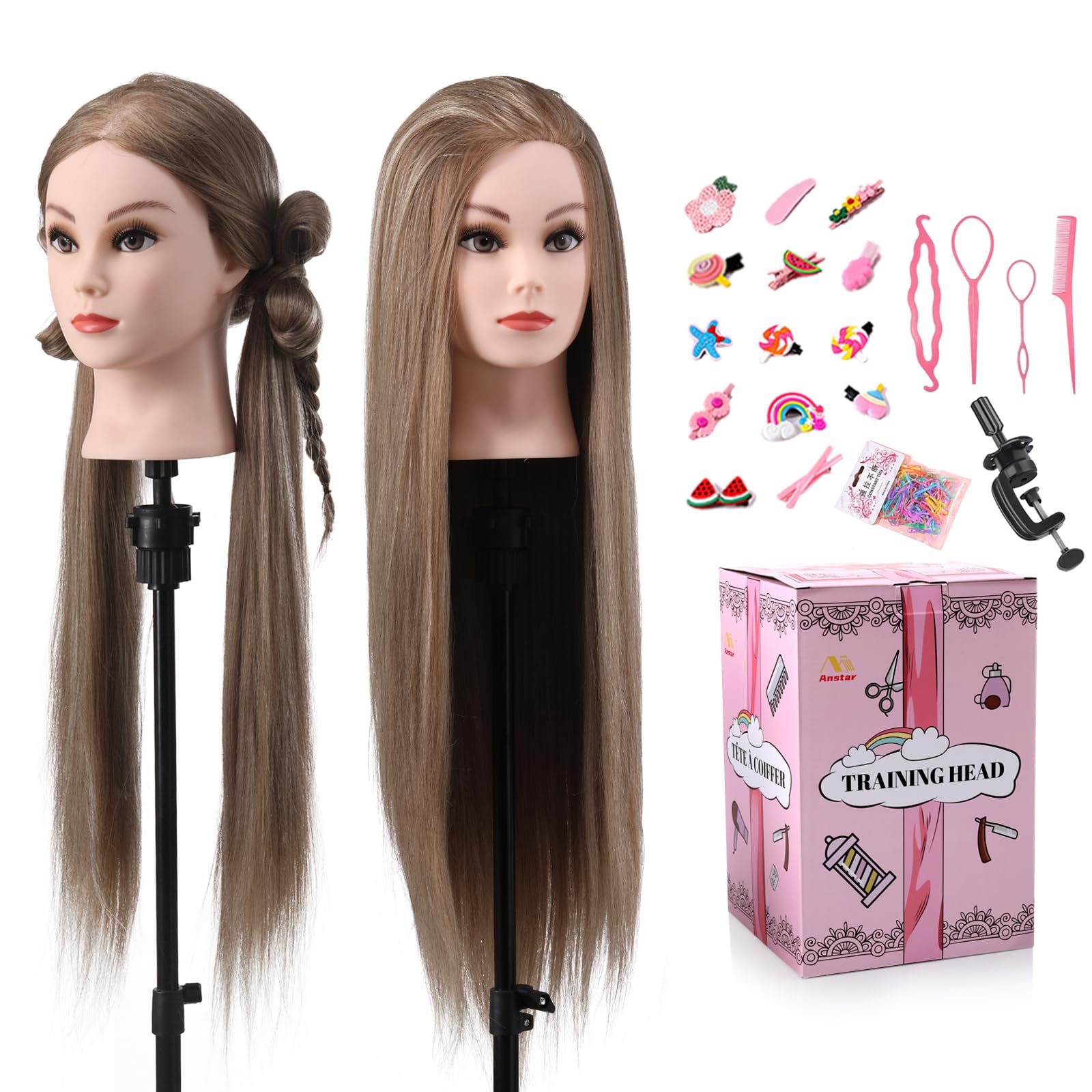 White Smoke Mannequin Head with Hair, 26" Hair Mannequin Manikin Head Hair Practice Cosmetology Hair Doll Head Styling Hairdressing Training Braiding Cutting Setting with Clamp Holder and Tools