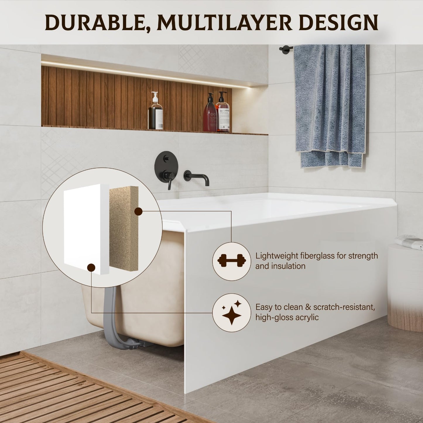 Gray Garvee 60 x 32 Inch Acrylic Alcove Bathtub, Deep Soaking Tub with Drain and Overflow, Single Apron Alcove for Modern Bathrooms