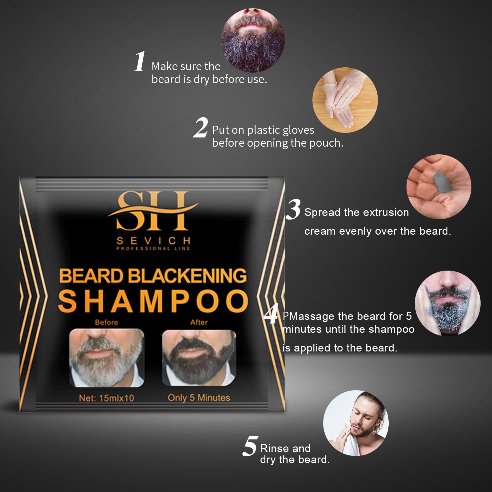 Dark Slate Gray SEVICH Beard Blackening Shampoo for Men - Instant Natural Black Color, Anti-Hair Loss Formula, 10x15ml Travel-Friendly Packets | Safe & Gentle Beard Dye with Nourishing Care