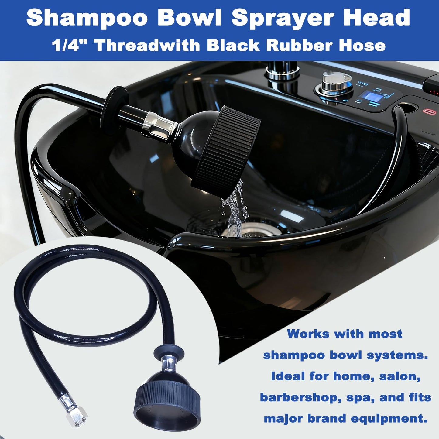 Black 2 Pcs Shampoo Bowl Sprayer Head with Black Rubber Hose Kit 1/4" Thread for Salon Sink Barber Shop Spa Basin & Most Commercial Shampoo Systems