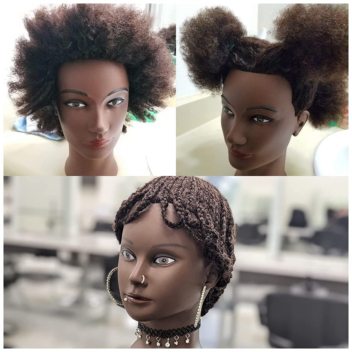 White Smoke MORRIS 10” Human Hair Training Afro Mannequin Head – Short Curly Hair for Beginners to Practice Braiding, Cutting, Styling – Includes Clamp