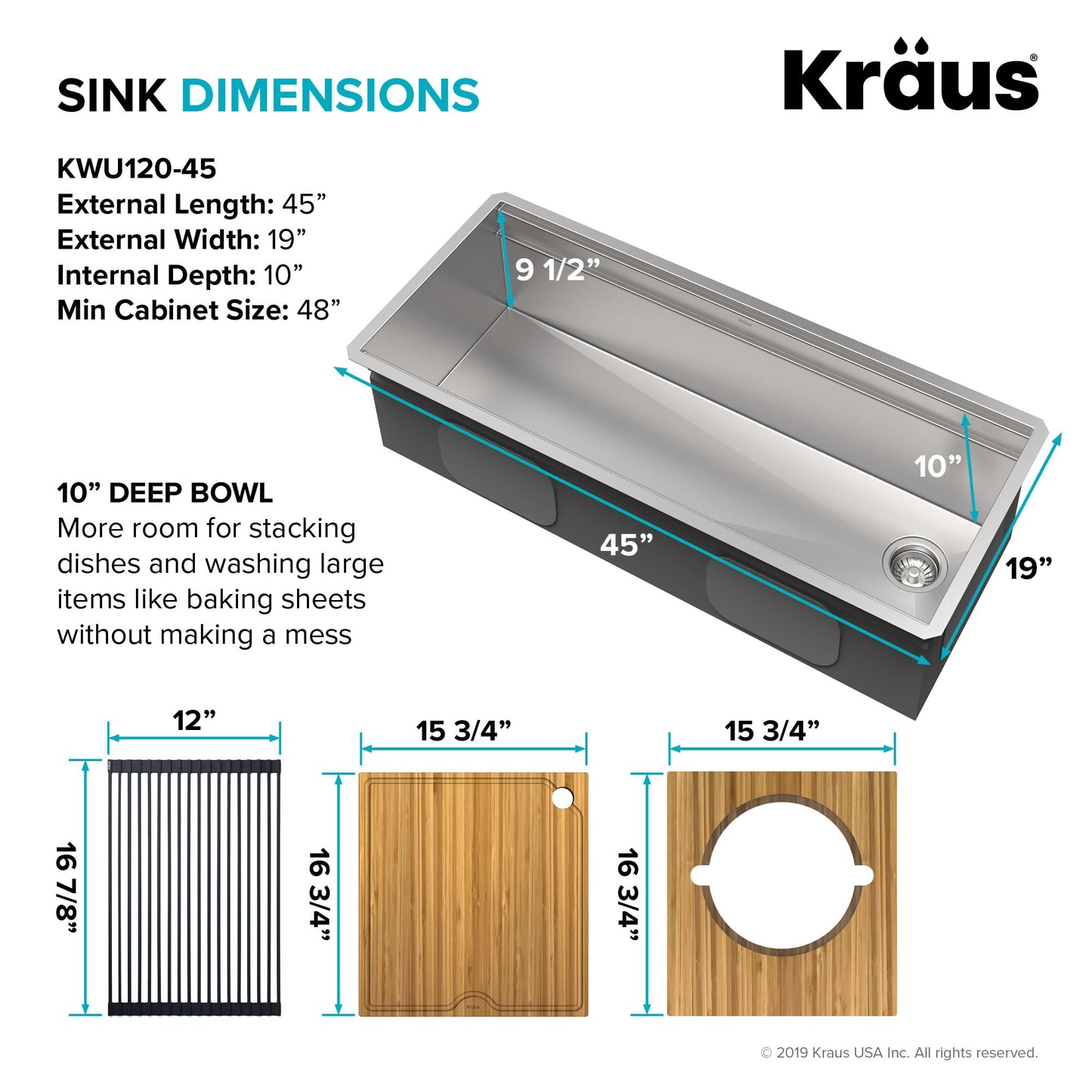 White Smoke KRAUS Kore Workstation 45-inch Undermount 16 Gauge Stainless Steel Kitchen Sink, Single Bowl Kitchen Sink with Accessories, KWU120-45
