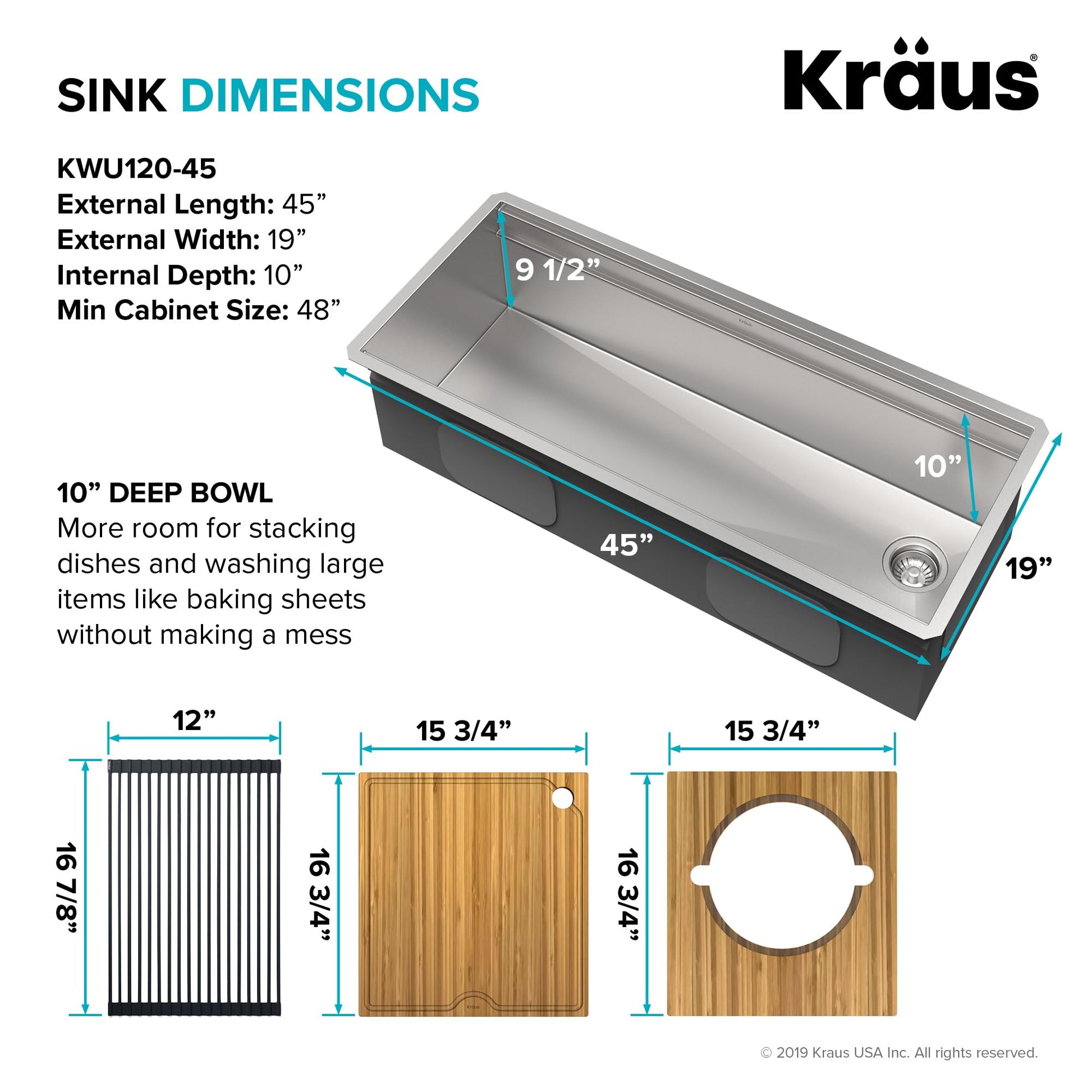 White Smoke KRAUS Kore Workstation 45-inch Undermount 16 Gauge Stainless Steel Kitchen Sink, Single Bowl Kitchen Sink with Accessories, KWU120-45
