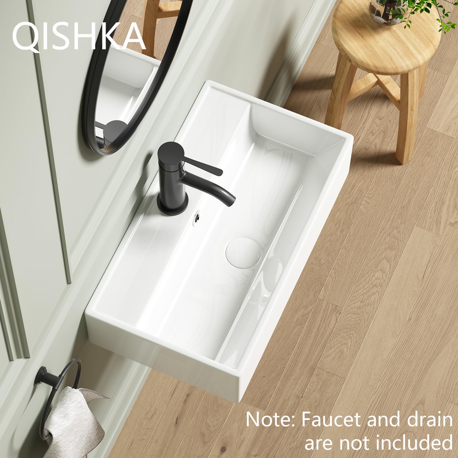 Rosy Brown Wall Mount Rectangular Vessel Sink with Towel Rack, QISHKA 21.5"x12.5" Modern Ceramic Bathroom Floating Sink, White Rectangle Vanity Sink with Overflow, Wall Hung Wash Hand Basin