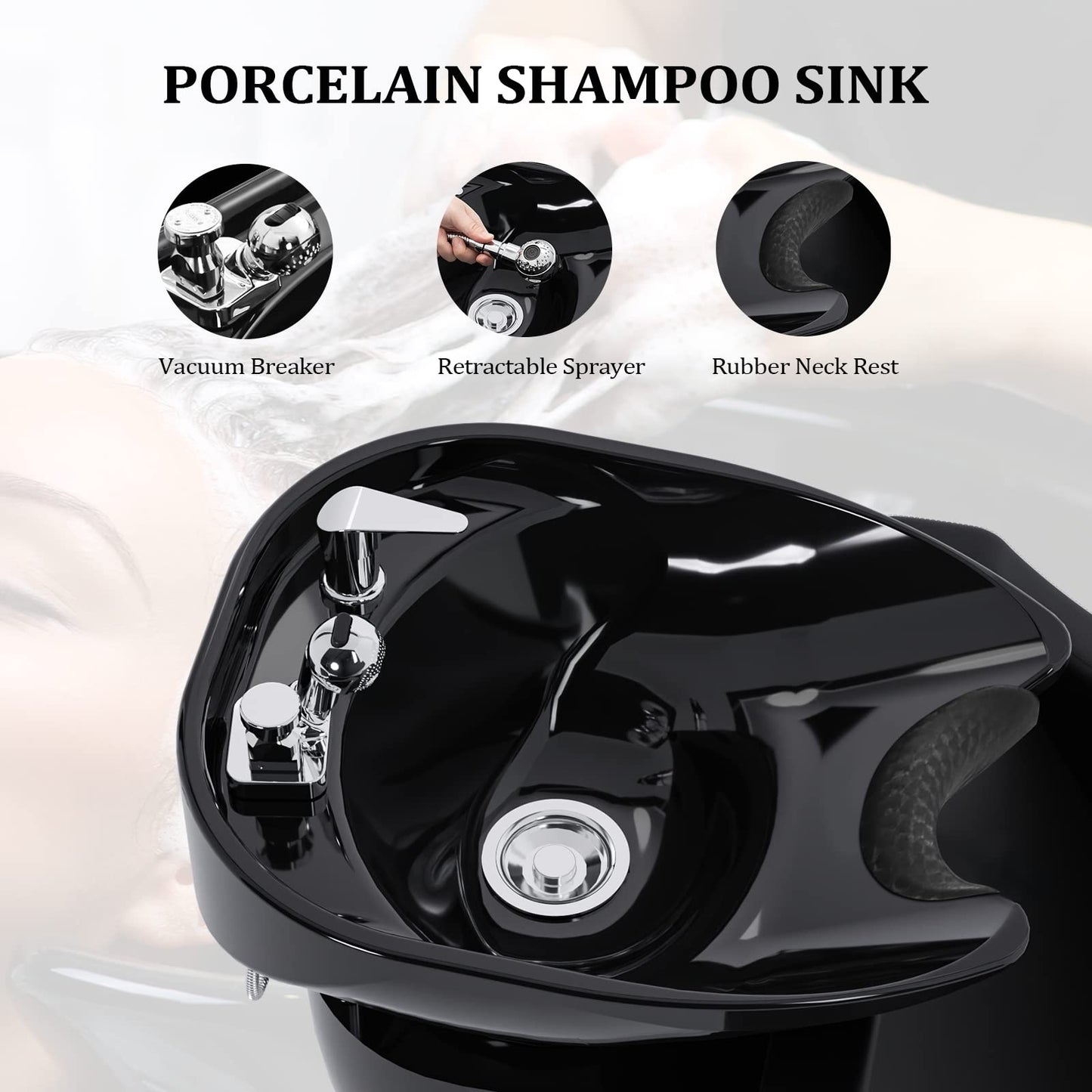 White Smoke OmySalon Shampoo Bowls for Salon Electric Shampoo Chair with Reclining Legrest & Tilting Porcelain Shampoo Sink, Hair Washing Station Backwash Barber Chair, Shampoo Unit for Beauty Spa Barbershop