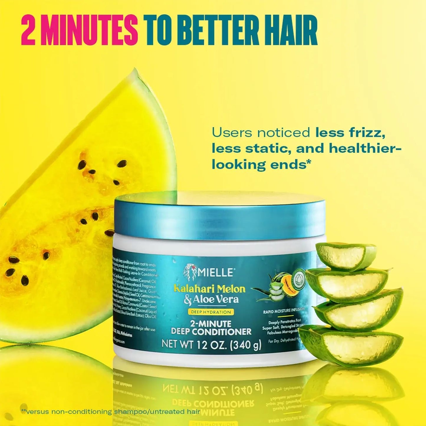 Khaki Mielle Organics 2-Minute Deep Conditioner - Kalahari Melon & Aloe Vera Moisturizing Hair Conditioner for Dry, Curly and Textured Hair - Softening, Detangling & Fast-Acting Deep Conditioning, 12 Ounce
