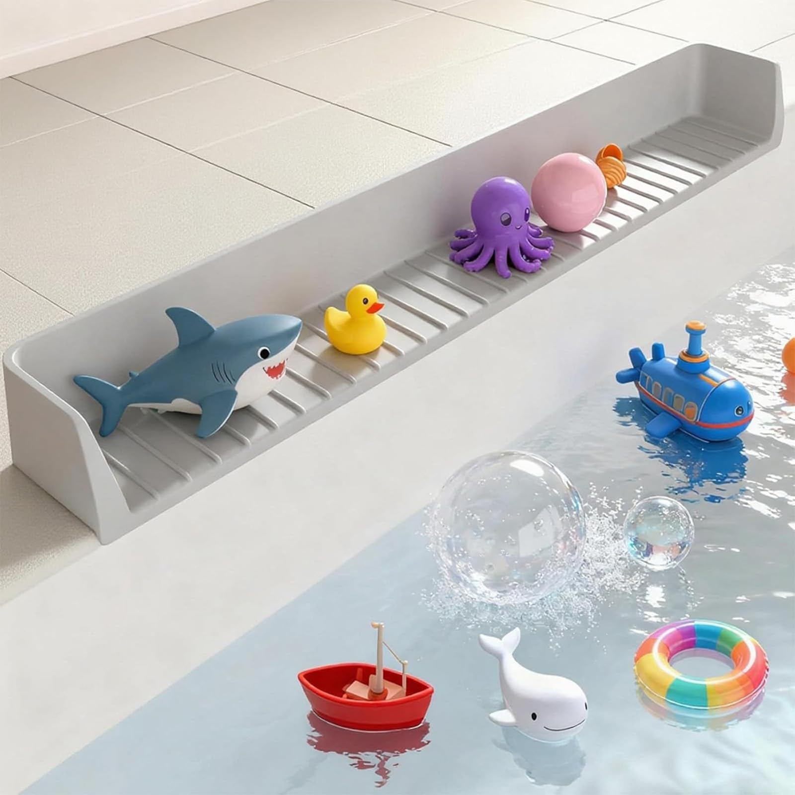 Light Gray Longer Bath Tub Splash Guard for Kids,Silicone Bath Toy Holder for Bathtub,Prevent Water Spills in Bathroom,Fun-Filled Bath Time for Toddlers Including Bath Brush and Toy Storage Bag (Grey)