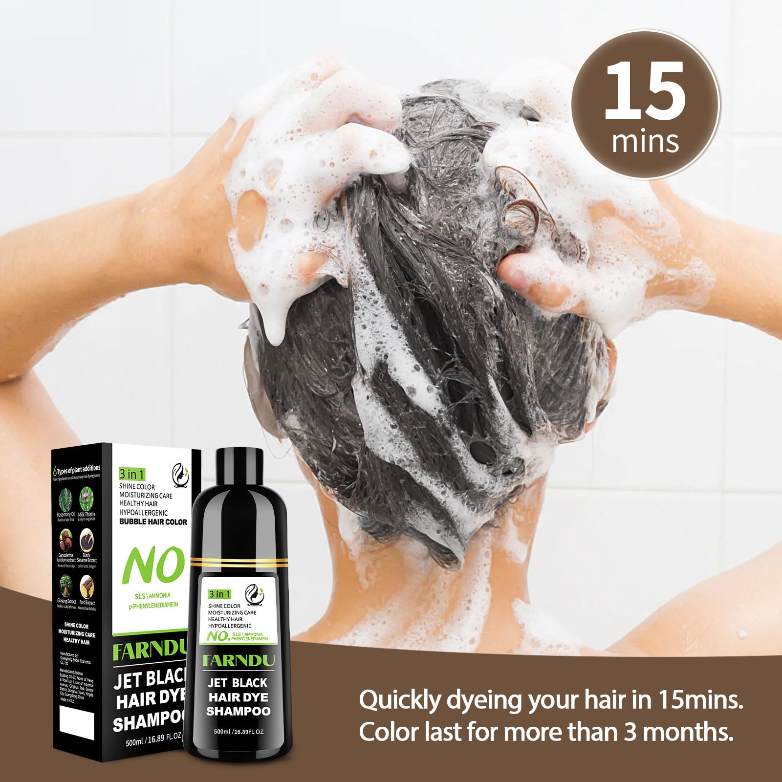 White Smoke Farndu Jet Black Hair Dye Shampoo Ammonia-free & PPD-free, Gray Hair Coverage Natural Herbal 3 in 1 Hair Color Shampoo for Women Men