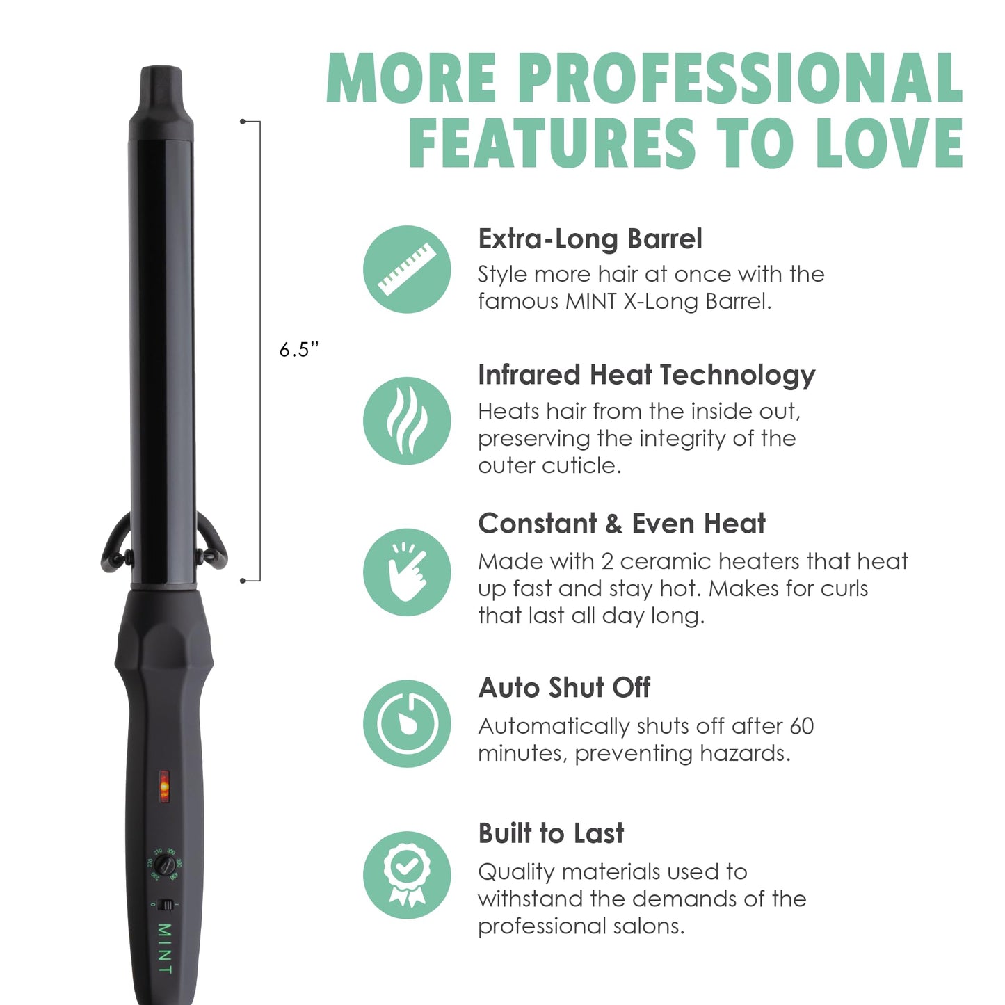 White Smoke MINT Professional Clamp-Free Curling Wand 1 Inch for Long Hair | Extra Long Curl Wand w 4-Heater Ionic Ceramic Tourmaline Barrel | Best Curling Wands | Adjustable 230-430°F | Worldwide Dual Voltage