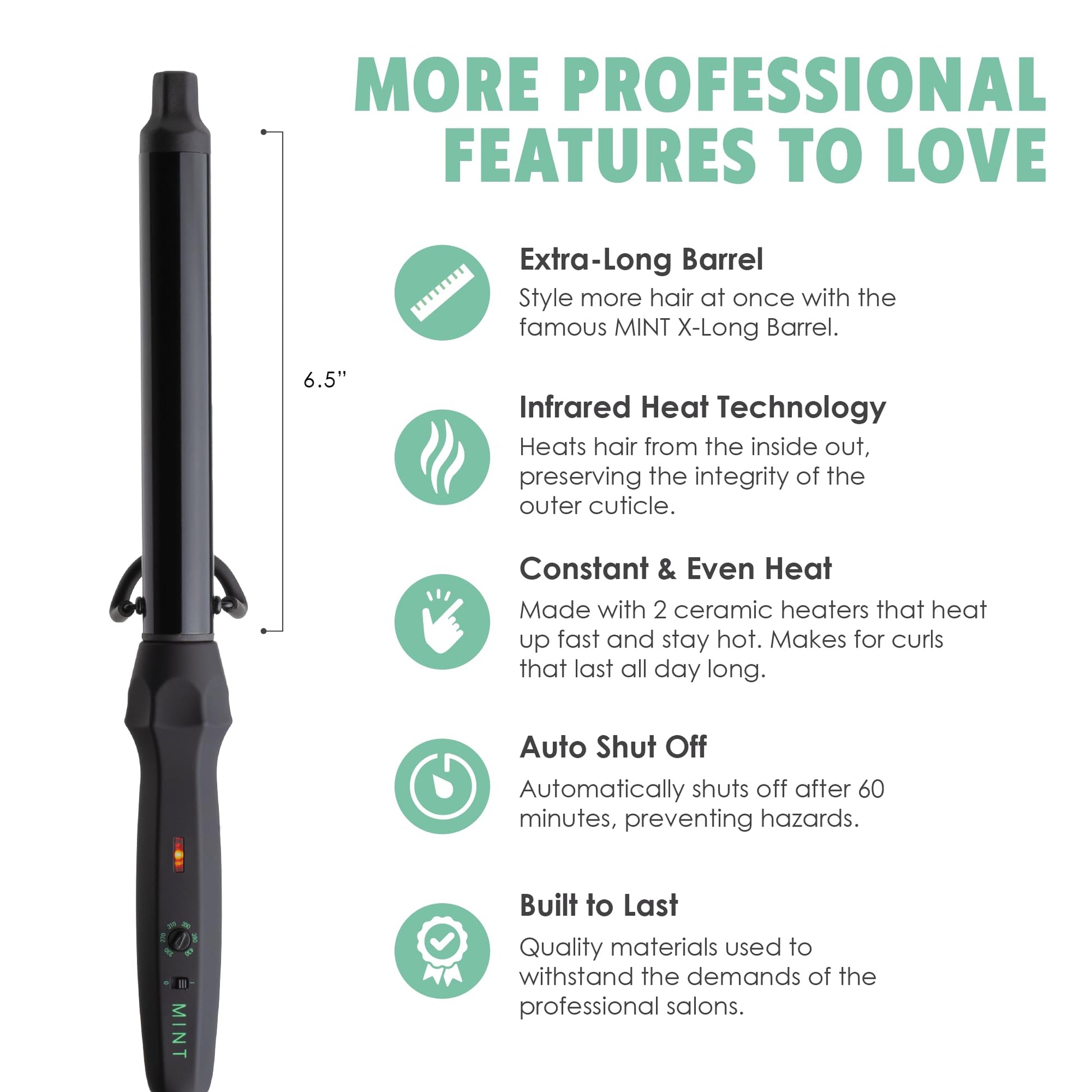 White Smoke MINT Professional Clamp-Free Curling Wand 1 Inch for Long Hair | Extra Long Curl Wand w 4-Heater Ionic Ceramic Tourmaline Barrel | Best Curling Wands | Adjustable 230-430°F | Worldwide Dual Voltage