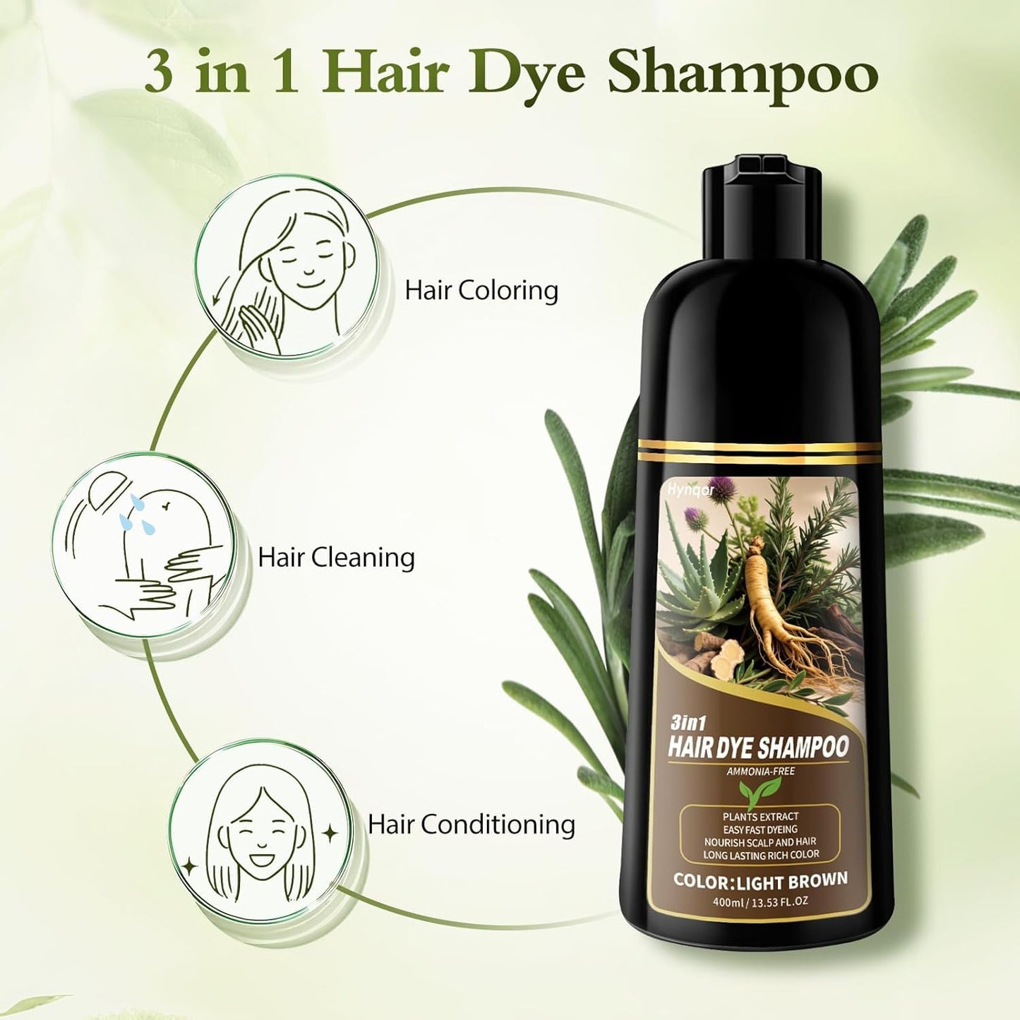 Seashell Light Brown Hair Dye Shampoo, 100% Gray Coverage Hair Color Shampoo for Women Men, Ammonia-Free & Paraben Free with Natural Herbal Ingrendients