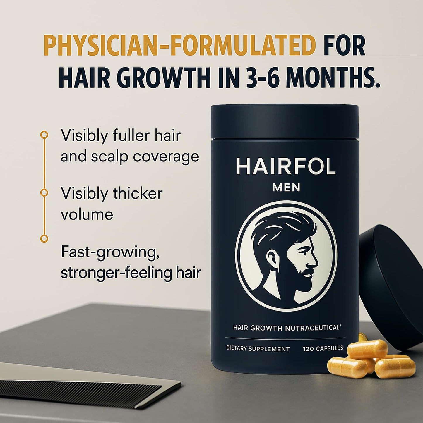 Light Gray Hairfol Men's Hair Growth Supplement – Clinically Tested Hair Growth Vitamins for Men, Thicker Hair & Scalp Coverage, Hair Regrowth Support for Men – Stronger, Fuller Hair – 1 Month Supply