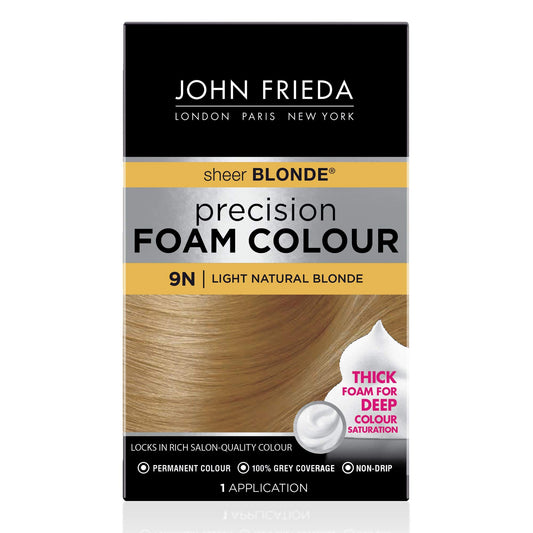 Black John Frieda Precision Foam Colour, Light Natural Blonde 9N, Full-Coverage Hair Color Kit, Anti-Fade Gray Coverage, Deep Color Saturation Hair Dye, 1 Application