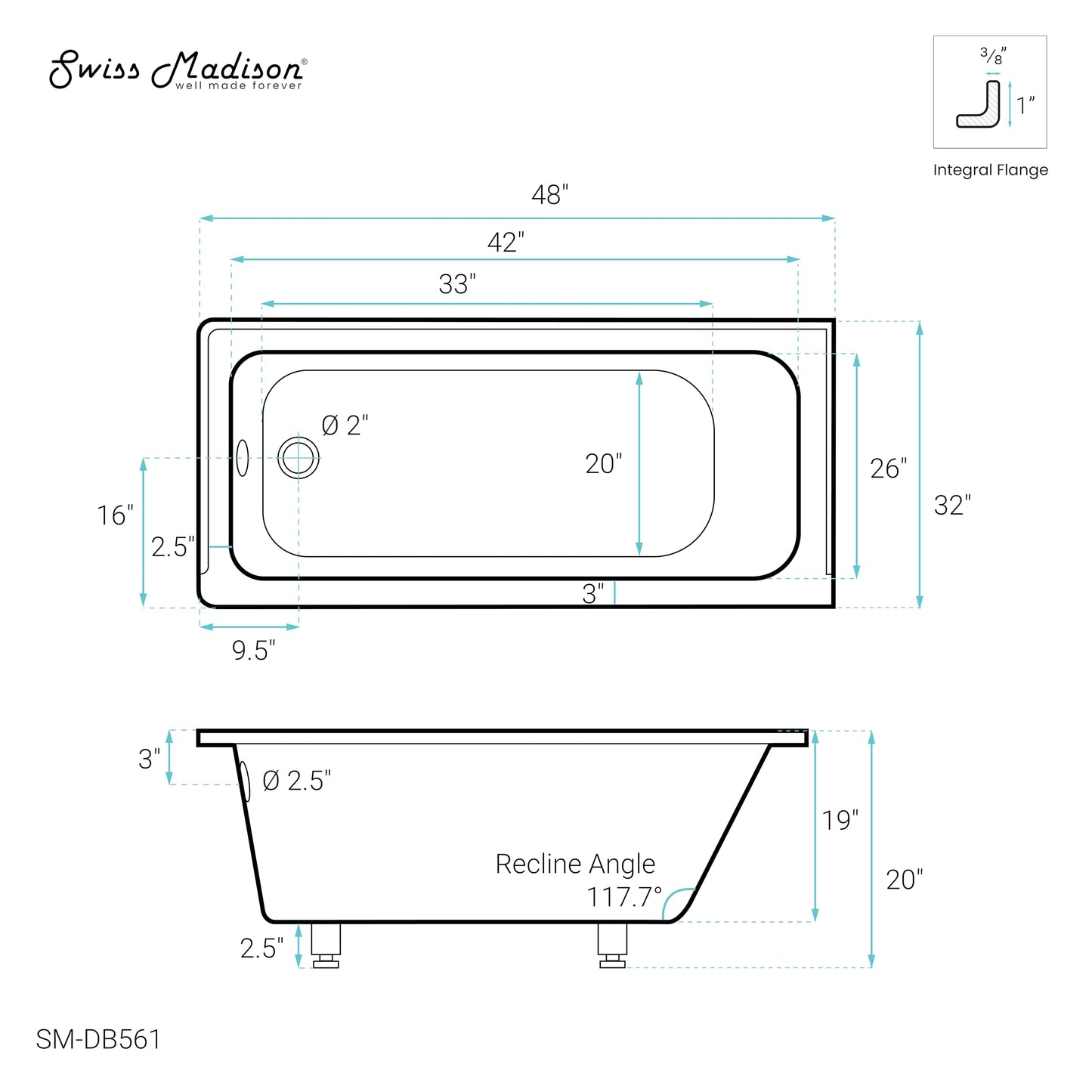 White Smoke Swiss Madison Voltaire 48" x 32" Left-Hand Drain Alcove Bathtub