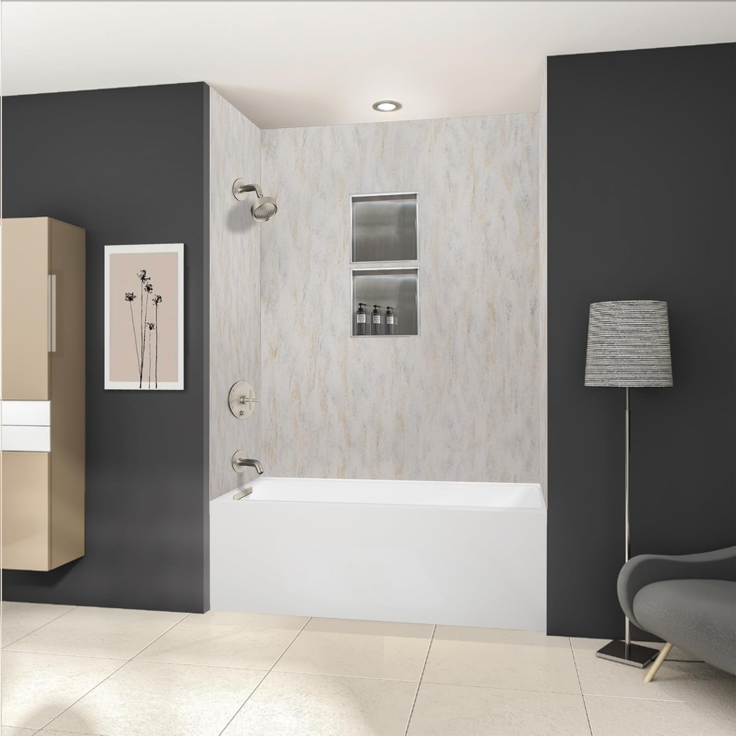 Dark Slate Gray Transolid UATLN603222-L-BN Unity AFR 60-in x 32-in x 22-in Alcove Acrylic Bathtub Kit With Left Hand Drain, White/Brushed Nickel