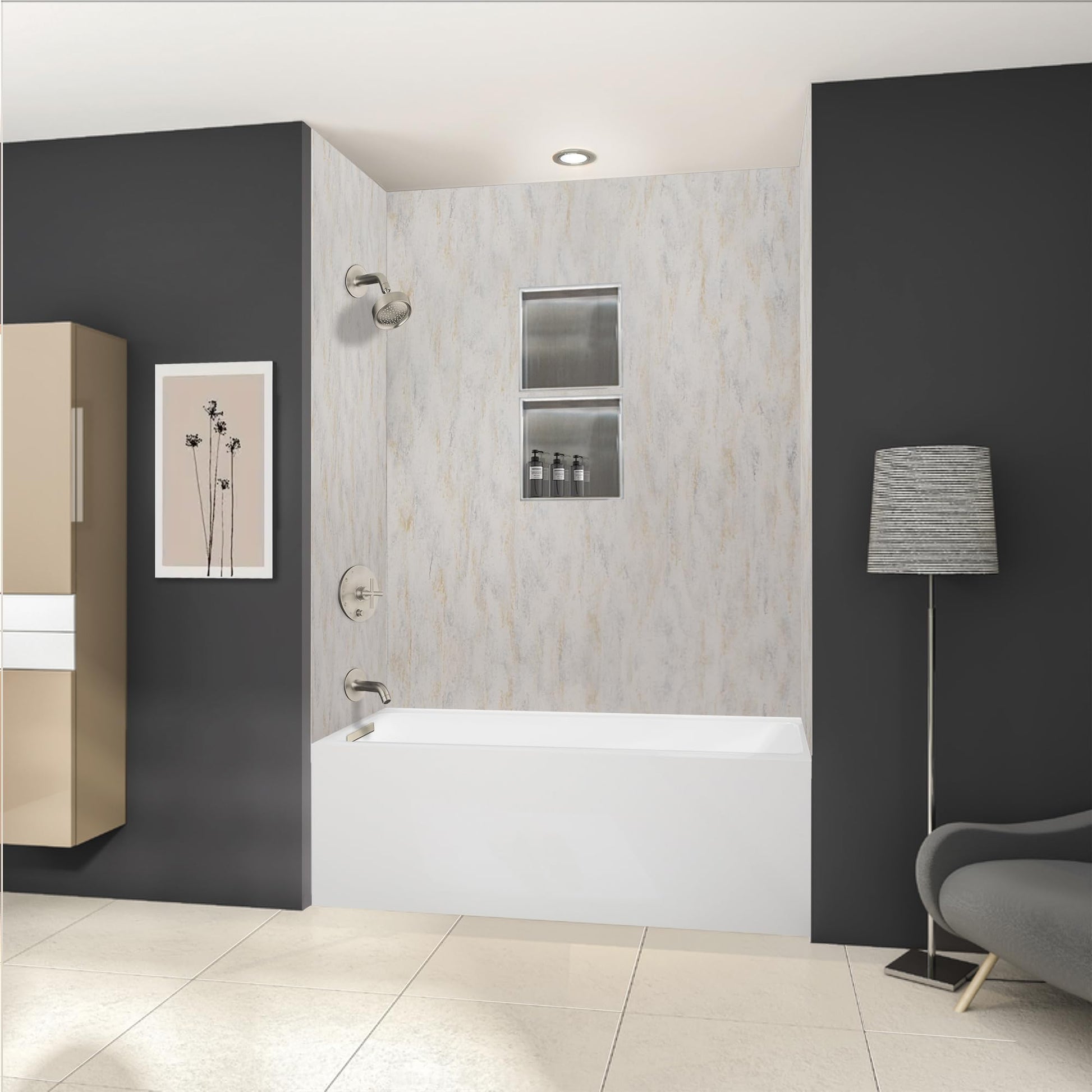 Dark Slate Gray Transolid UATLN603222-L-BN Unity AFR 60-in x 32-in x 22-in Alcove Acrylic Bathtub Kit With Left Hand Drain, White/Brushed Nickel