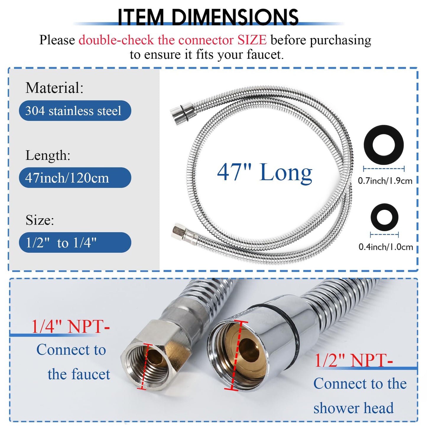White Smoke LukLoy Stainless Steel Shampoo Bowl Hose, 1/4" Thread Water Pipe to 1/2" Thread Sprayer Head for Barber Shop & Salon Sink Replacement Part for Shampoo Bowl Faucet and Sprayer, 47" Long