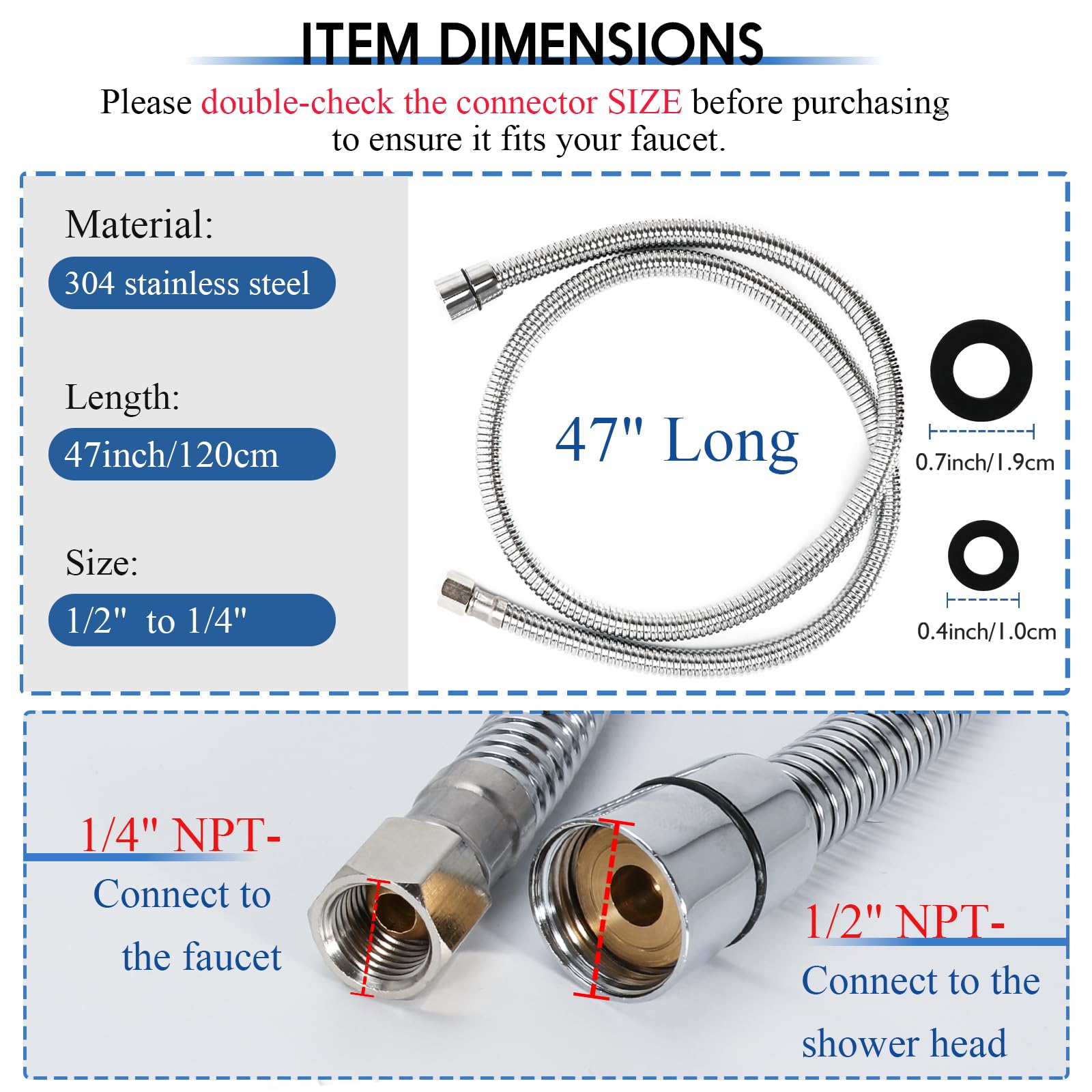 White Smoke LukLoy Stainless Steel Shampoo Bowl Hose, 1/4" Thread Water Pipe to 1/2" Thread Sprayer Head for Barber Shop & Salon Sink Replacement Part for Shampoo Bowl Faucet and Sprayer, 47" Long