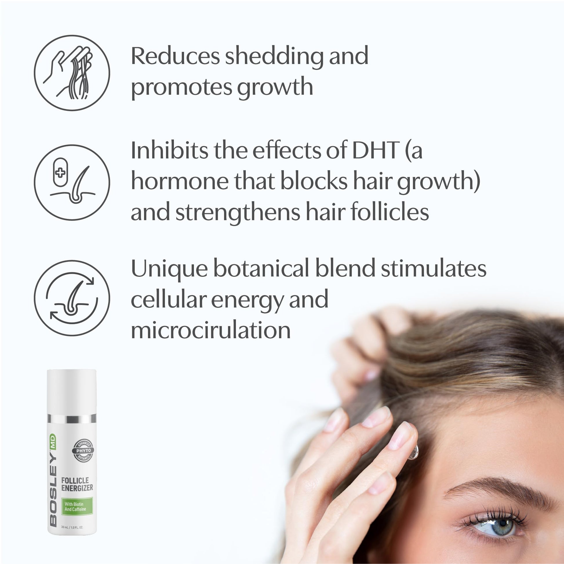 White Smoke BosleyMD Healthy Hair & Scalp Follicle Energizer – DHT-Blocking Leave-In Serum with Biotin, Caffeine, Panthenol & Apple Stem Cell - Strengthens Hair Follicles & Promotes Thicker, Fuller Hair, 1 Fl Oz