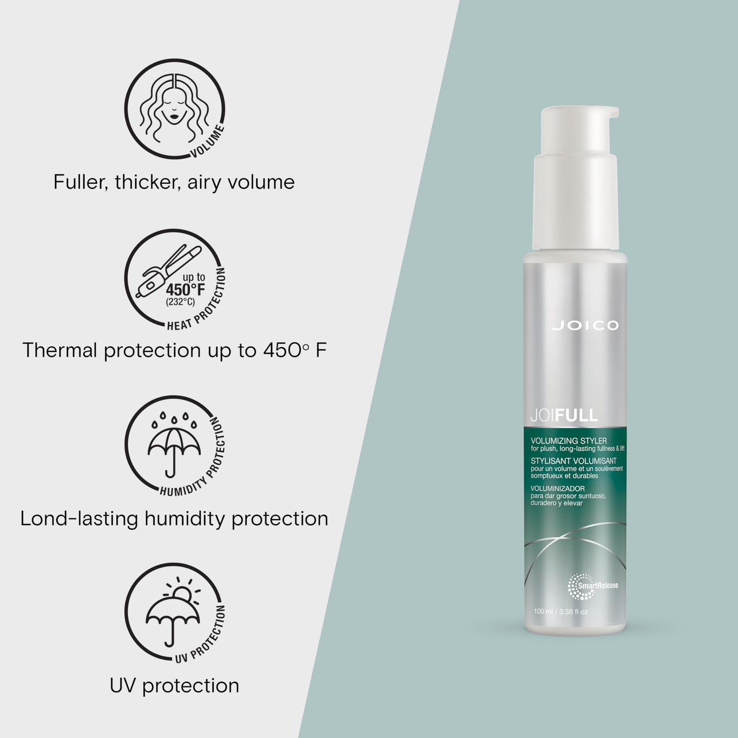 Lavender Joico JoiFULL Volumizing Styler | For Fine, Thin Hair | Add Instant Body | Long-Lasting Volume & Texture | Protect Against Pollution | With Rice Protein & Bamboo Extract | 3.38 Fl Oz