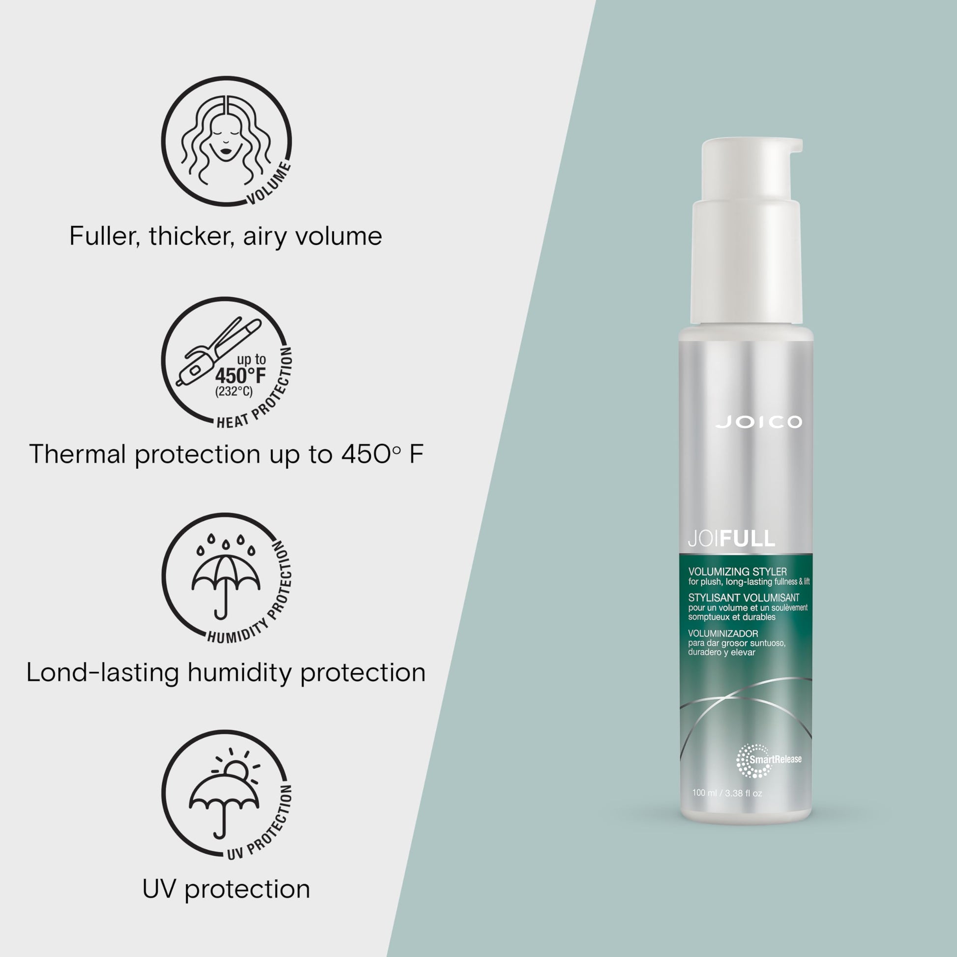 Lavender Joico JoiFULL Volumizing Styler | For Fine, Thin Hair | Add Instant Body | Long-Lasting Volume & Texture | Protect Against Pollution | With Rice Protein & Bamboo Extract | 3.38 Fl Oz