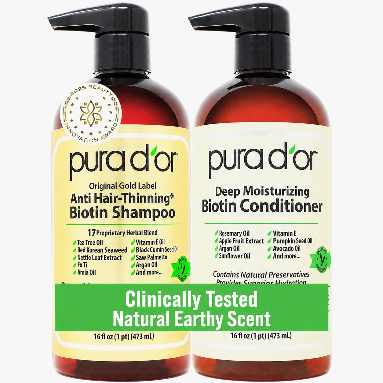 White Smoke PURA D'OR Anti-Thinning Biotin Shampoo and Conditioner Natural Earthy Scent, CLINICALLY TESTED Effective Results, Herbal Blend Thickening Products For Women & Men, Original Gold Label Set, 16oz x2