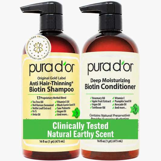 White Smoke PURA D'OR Anti-Thinning Biotin Shampoo and Conditioner Natural Earthy Scent, CLINICALLY TESTED Effective Results, Herbal Blend Thickening Products For Women & Men, Original Gold Label Set, 16oz x2