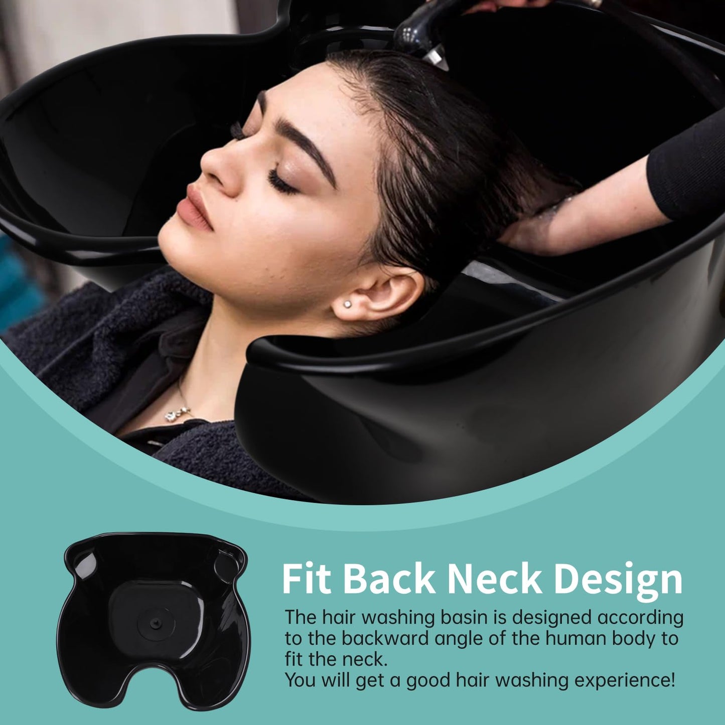 Black Portable Shampoo Bowl, Shampoo Basin Salon Sink with 1.5m Drain Pipe, Height & Angle Adjustable, Standing Deep Shampoo Bowl for Home/Salon Hair Washing and Cutting, Black