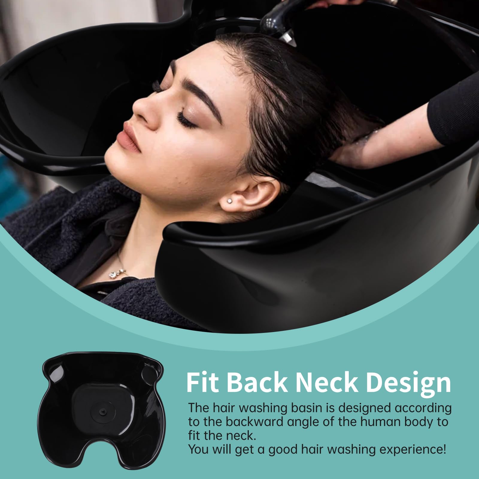 Black Portable Shampoo Bowl, Shampoo Basin Salon Sink with 1.5m Drain Pipe, Height & Angle Adjustable, Standing Deep Shampoo Bowl for Home/Salon Hair Washing and Cutting, Black