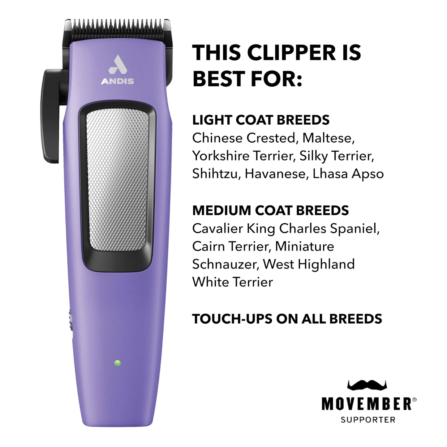 White Smoke Andis Easy Clip Adjustable Blade Cordless II Dog Clipper, 10 Piece Kit, Lithium-Ion Battery, Purple, 560017