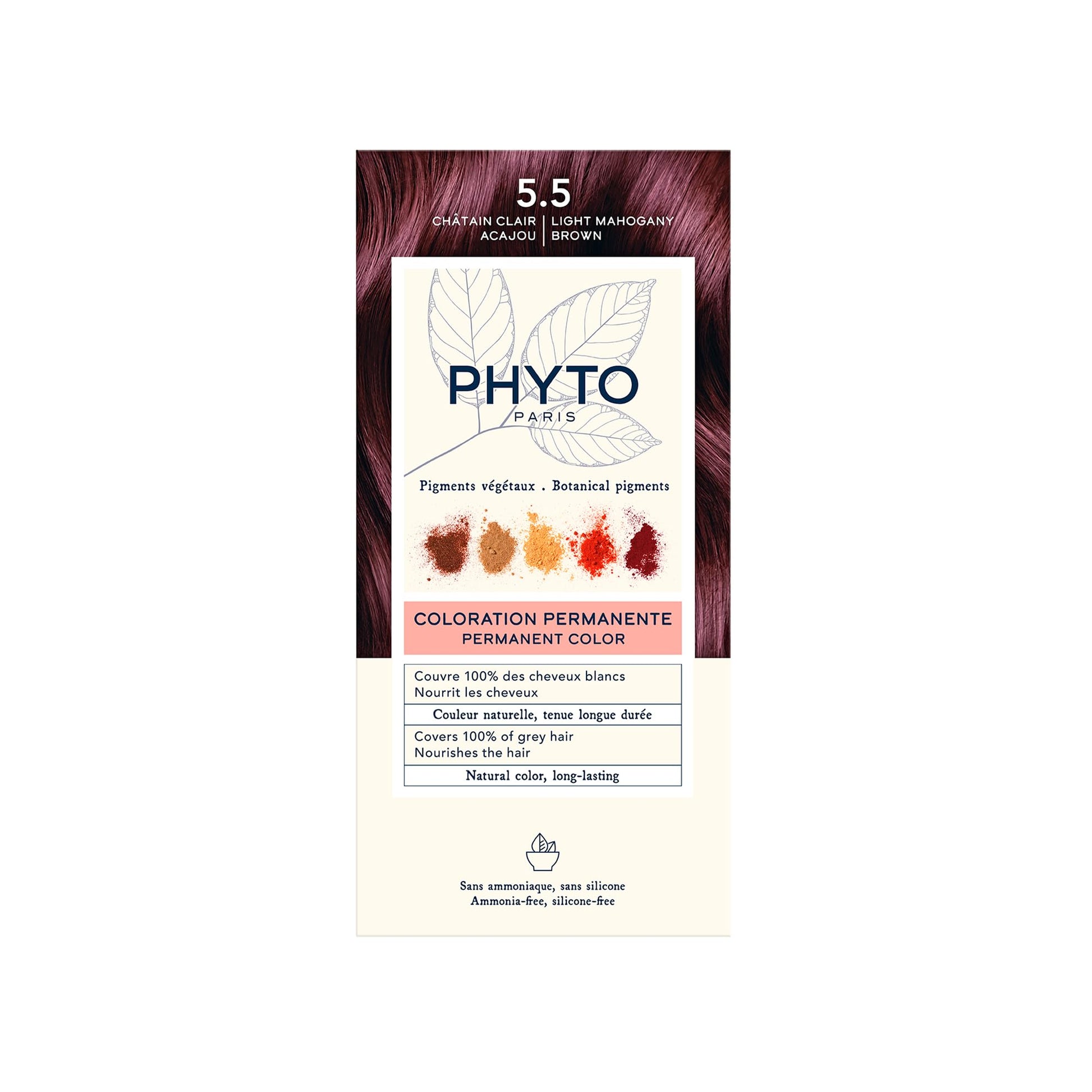 Seashell Phytocolor Permanent Hair Color, 5.5 Very Light Mahogany Brown, with Botanical Pigments, 100% Grey Hair Coverage, Ammonia-free, PPD-free, Resorcin-free