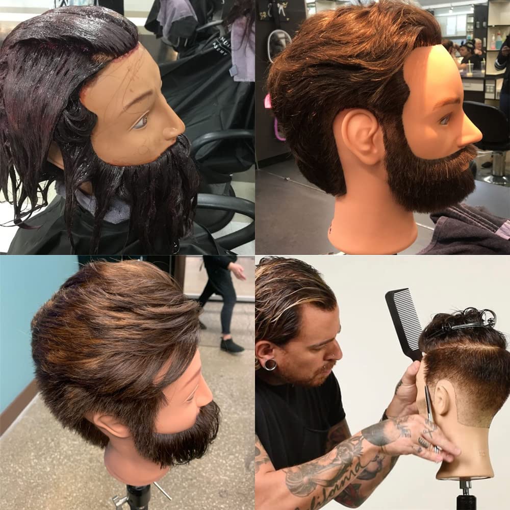 Black Romance Queen Male Mannequin Head With Hair Human Hair Manikin For Men Cosmetology 8inch Straight Beard Manikin Head With Human Hair with Stand Practice Cutting Styling (8inch)