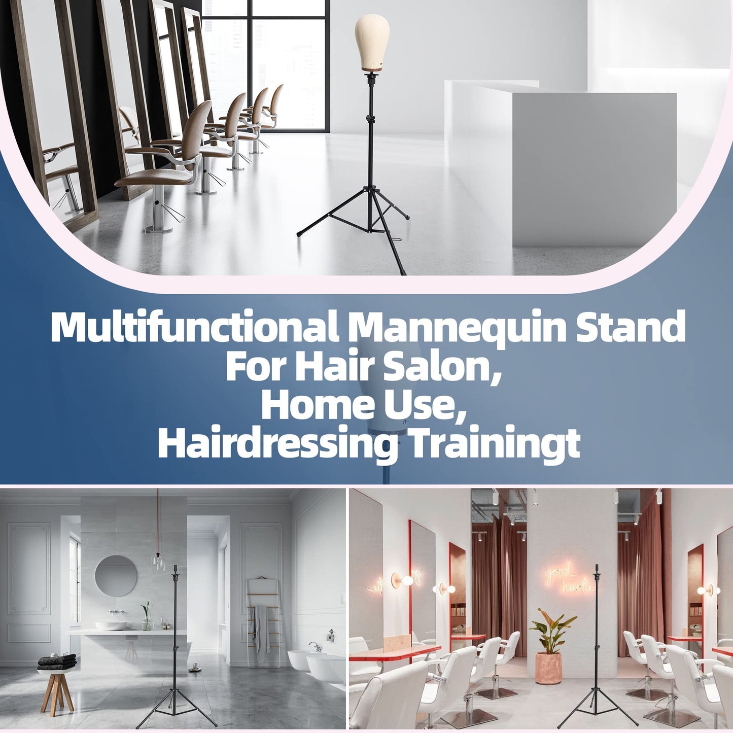 Light Gray Goodofferplace Tall Wig Tripod Stand,Metal Mannequin Head Stand Adjustable for Mannequin Head,Training Canvas Block Head,for Styling,Wig Making Displaywith Carrying Bag,30 Pcs T-Pins(35.4-52.4 Inch)
