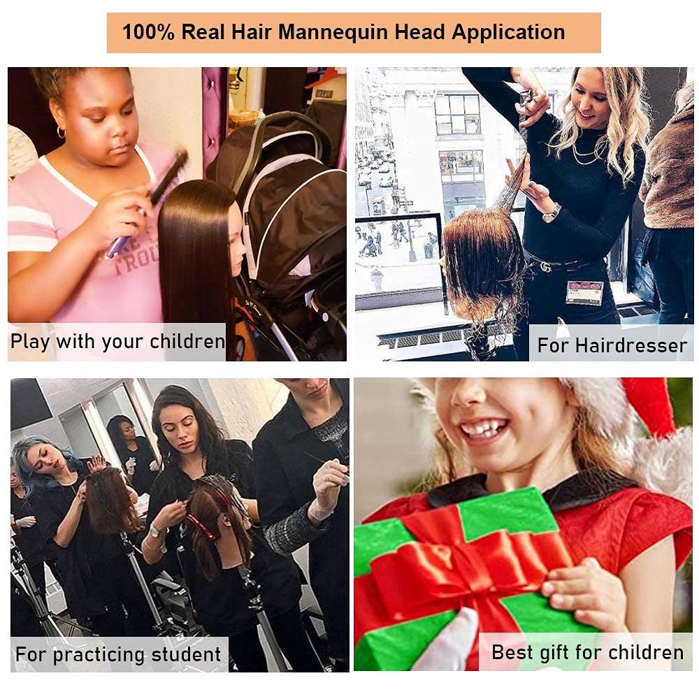 White Smoke 16 Inch 100% Real Hair Mannequin Head Training Head Manikin Cosmetology Doll Head for Hairdresser Practice Braiding Hair Styling with Clamp stand
