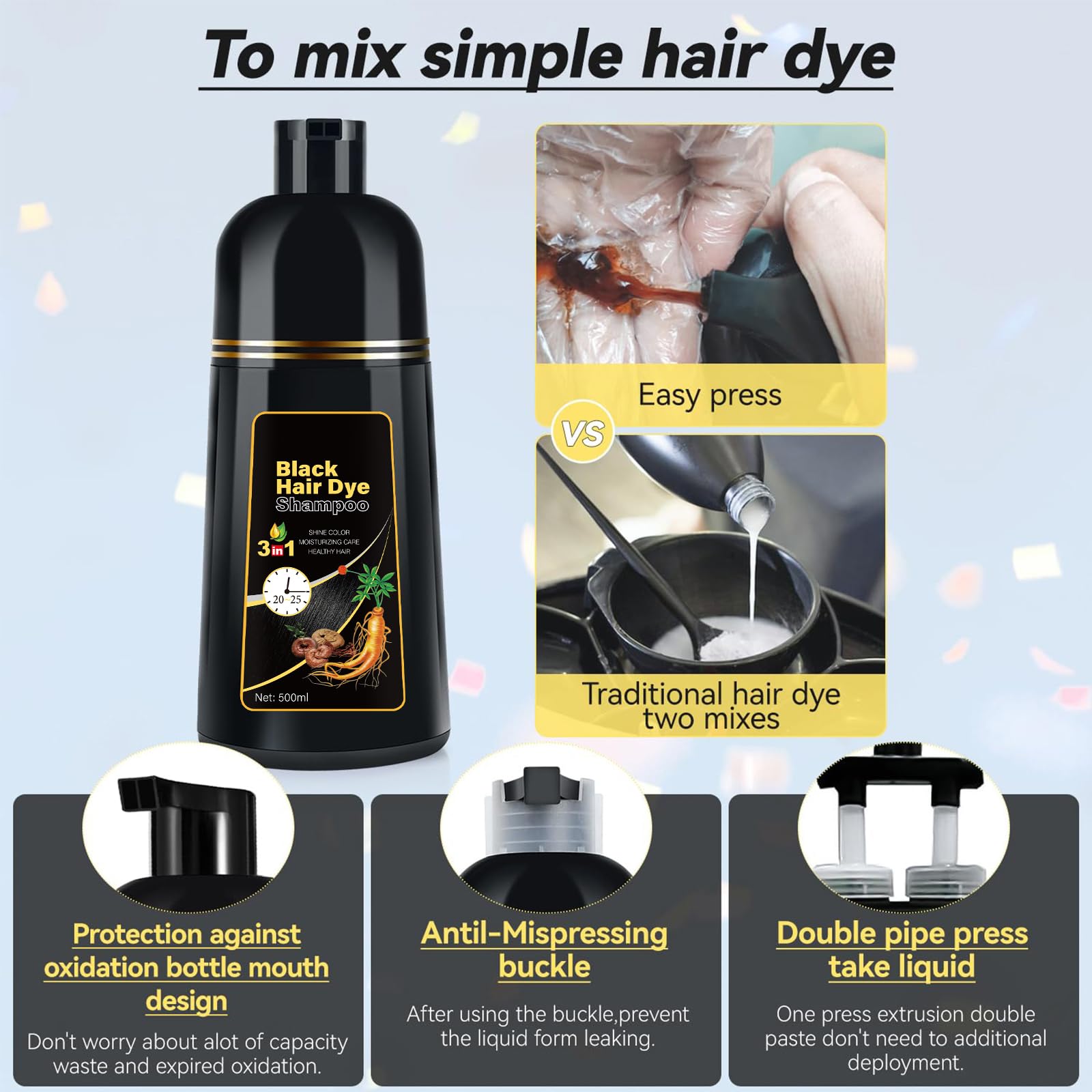 Lavender YOURTONE Black Hair Dye Shampoo Instant & Easy 3-in-1 Hair Color Solution for Men and Women - Herbal Formula, Ammonia-free, Lasts 30 Days - 16.90 oz