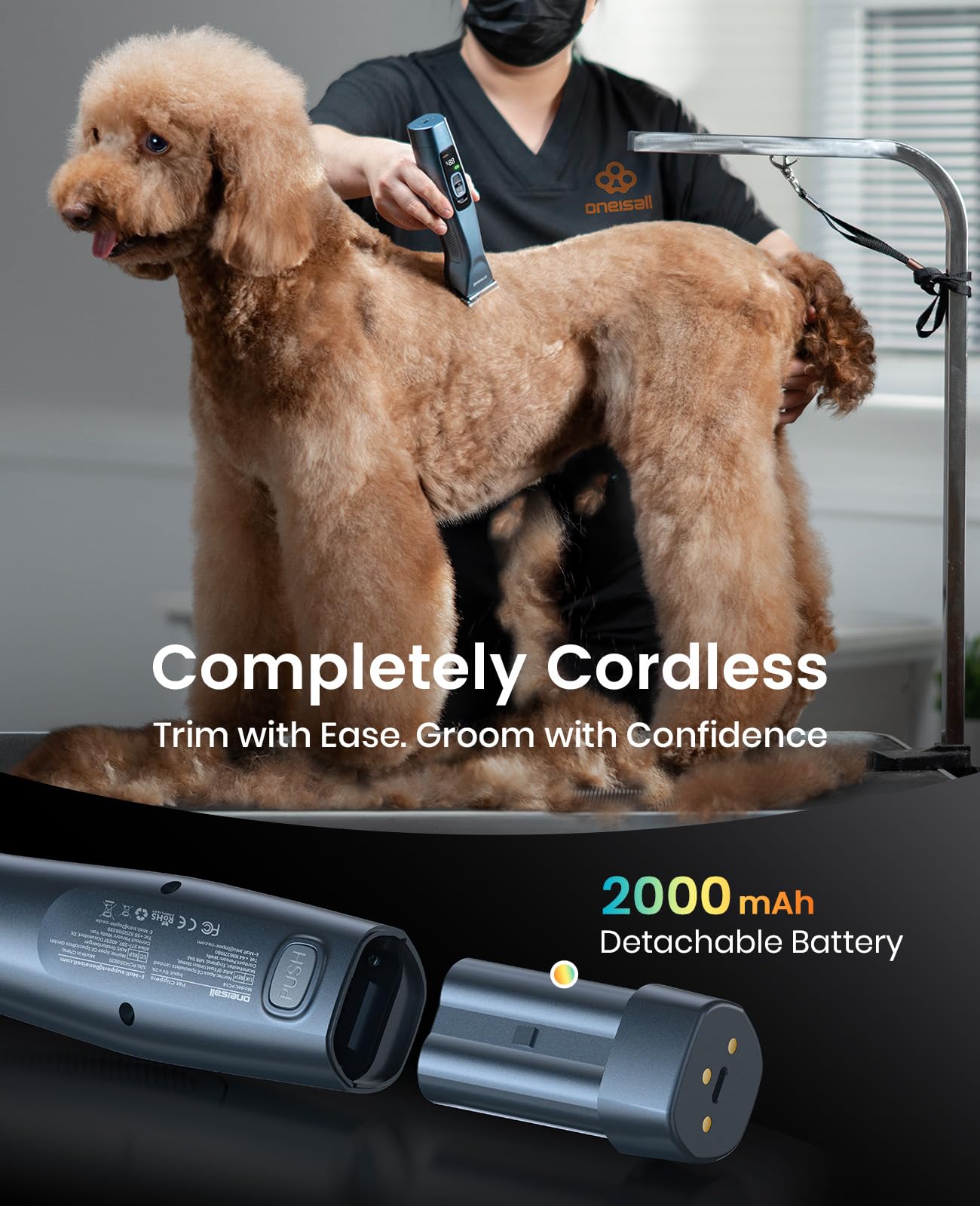 Black oneisall Professional Dog Grooming Clippers, Cordless Professional Dog Clippers for Grooming, 2-Speed Heavy Duty Clippers for Thick Curly Matted Coats, A5 Blade, Detachable Batteries, Metal Combs